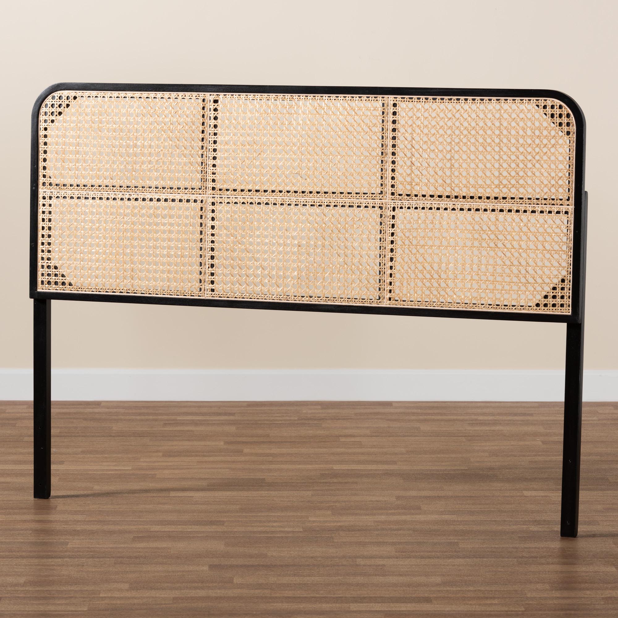 bali & pari Lainer Modern Bohemian Black Finished Bayur Wood and Natural Bamboo Queen Size Headboard