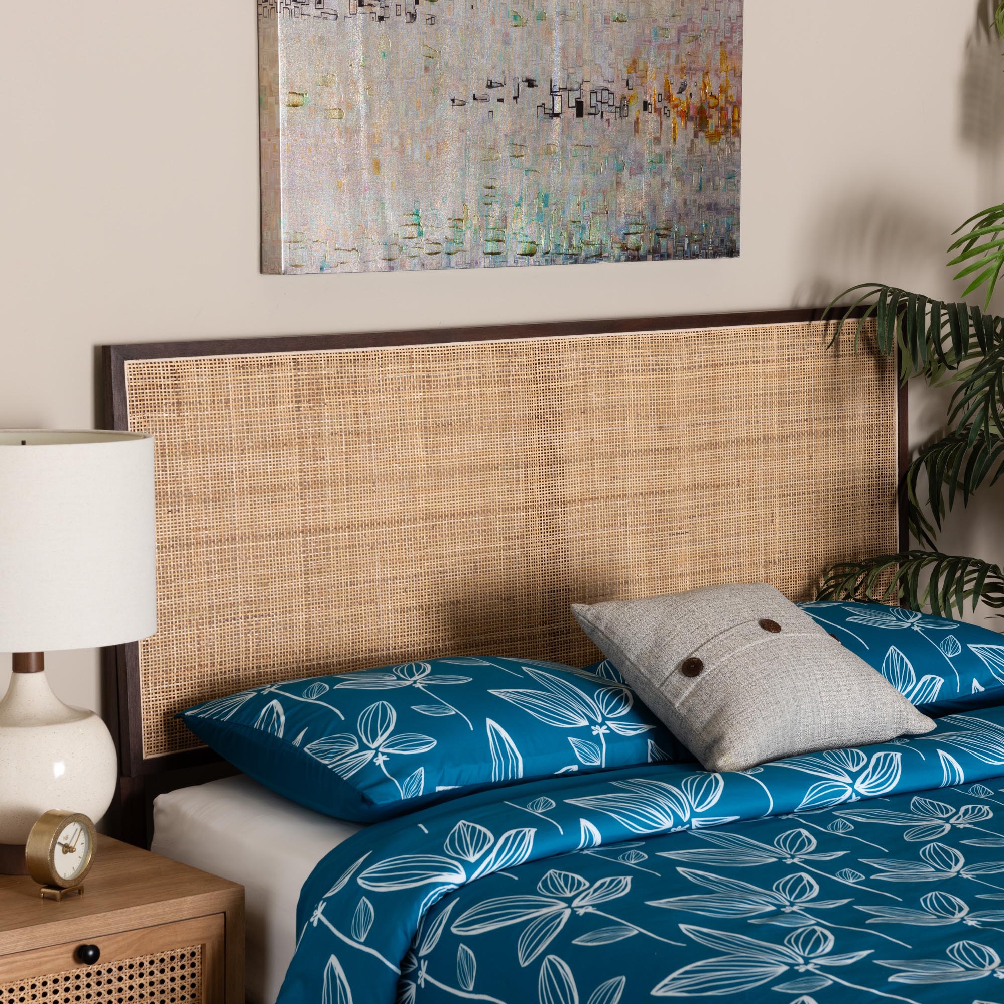 bali & pari Aurelia Modern Bohemian Dark Brown Finished Bayur Wood and Natural Rattan Queen Size Headboard