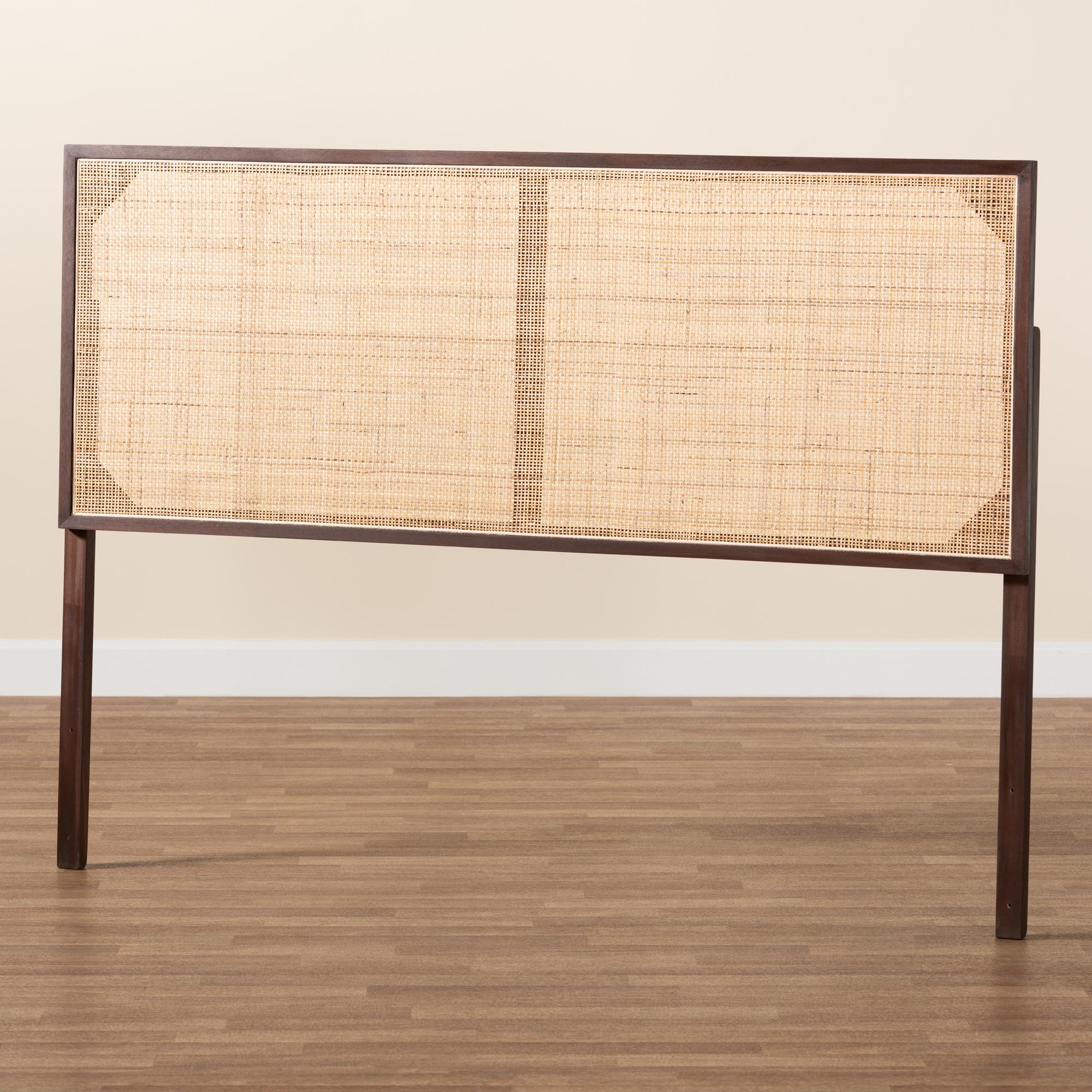 bali & pari Aurelia Modern Bohemian Dark Brown Finished Bayur Wood and Natural Rattan Queen Size Headboard