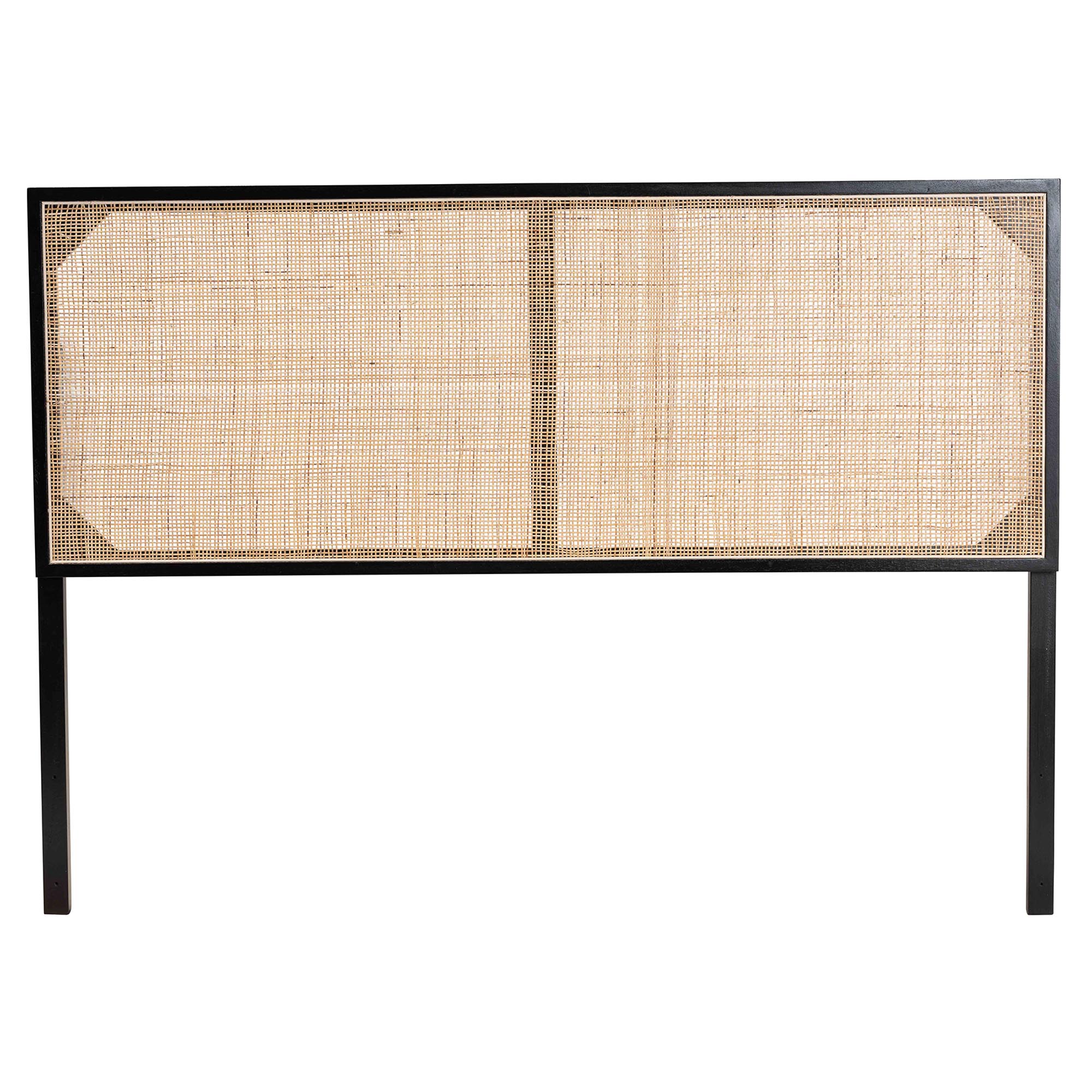 bali & pari Aurelia Modern Bohemian Black Finished Bayur Wood and Natural Rattan Queen Size Headboard