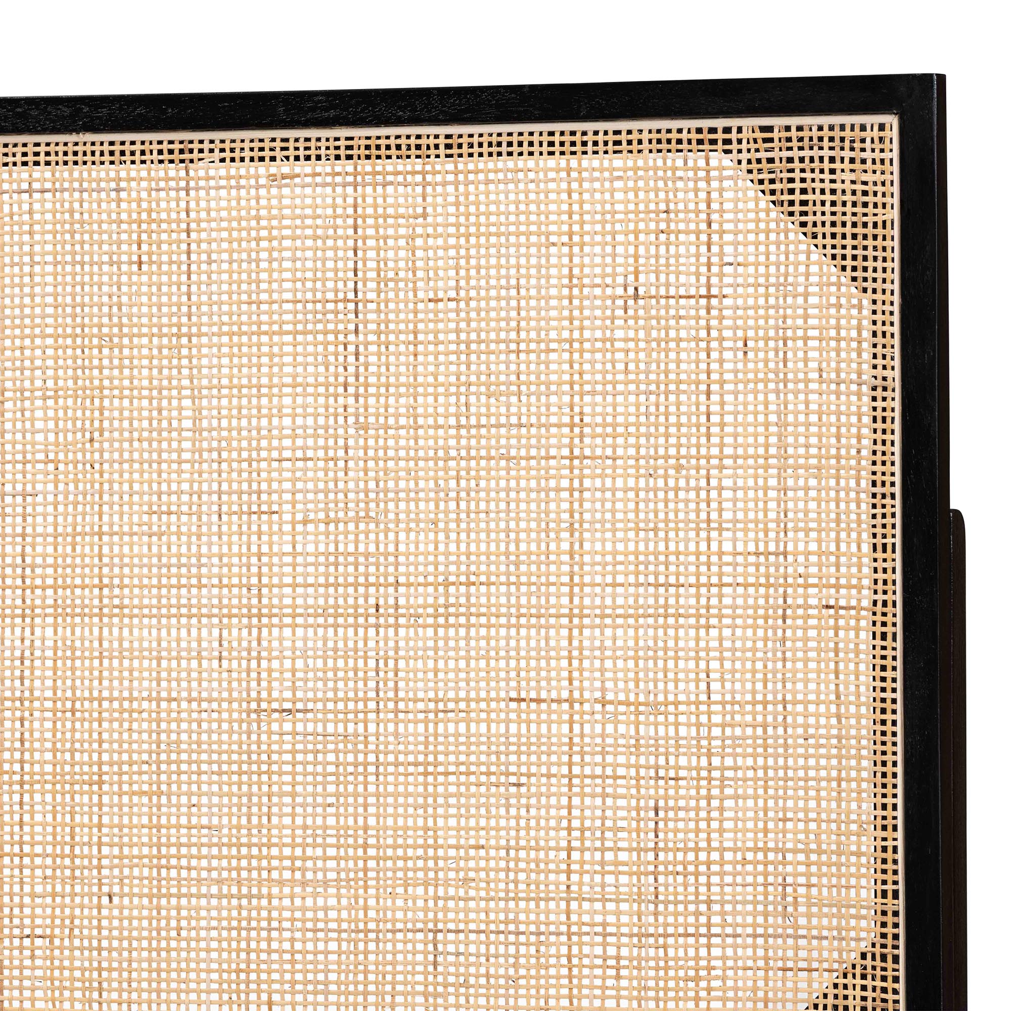 bali & pari Aurelia Modern Bohemian Black Finished Bayur Wood and Natural Rattan Queen Size Headboard