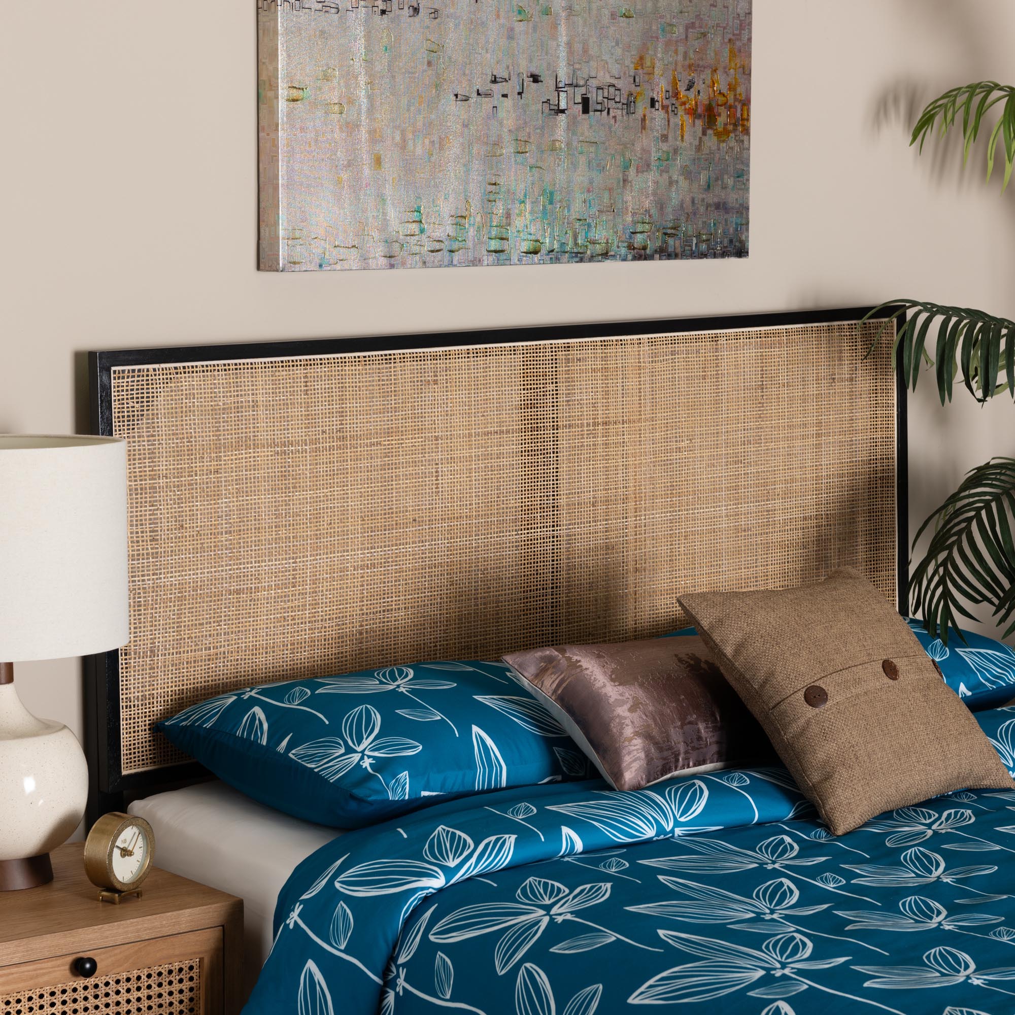 bali & pari Aurelia Modern Bohemian Black Finished Bayur Wood and Natural Rattan Queen Size Headboard