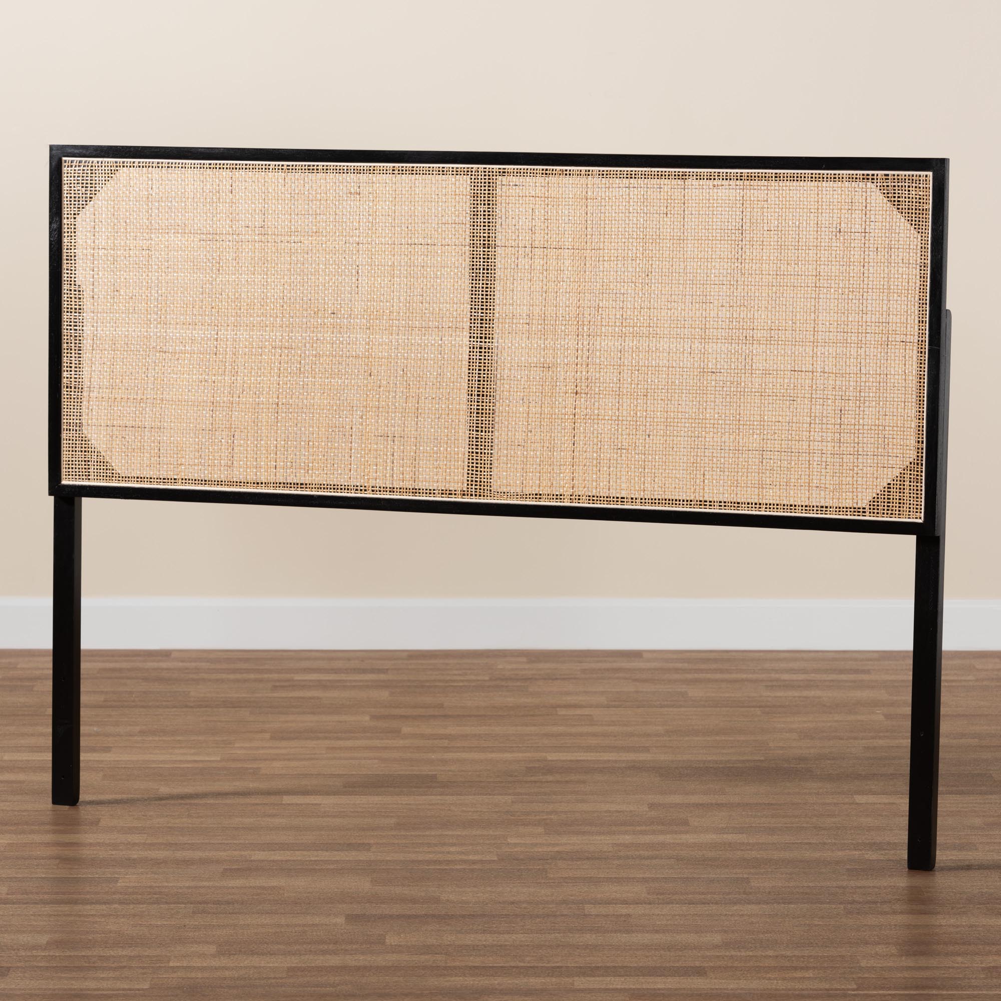 bali & pari Aurelia Modern Bohemian Black Finished Bayur Wood and Natural Rattan Queen Size Headboard