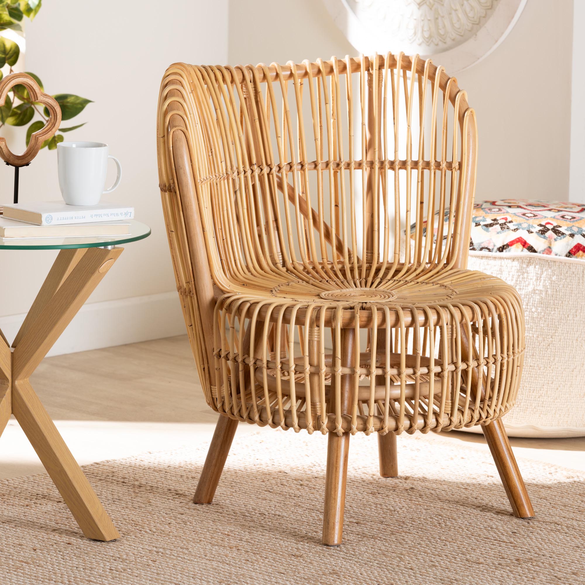 bali & pari Nagoya Modern Bohemian Natural Rattan Wide Seat Lounge Chair