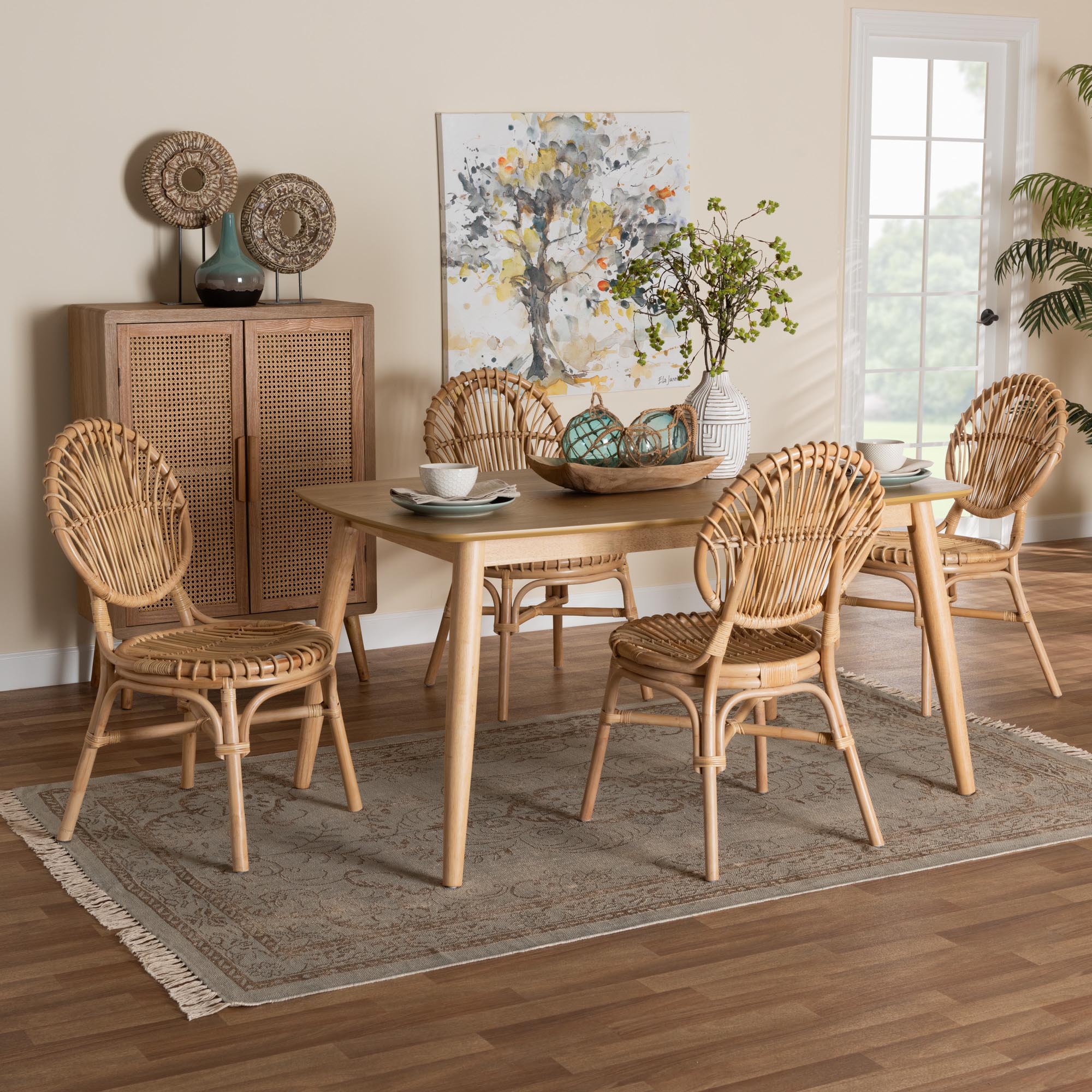 Baxton Studio Iris Modern Bohemian Natural Brown Rattan 5-Piece Dining Set