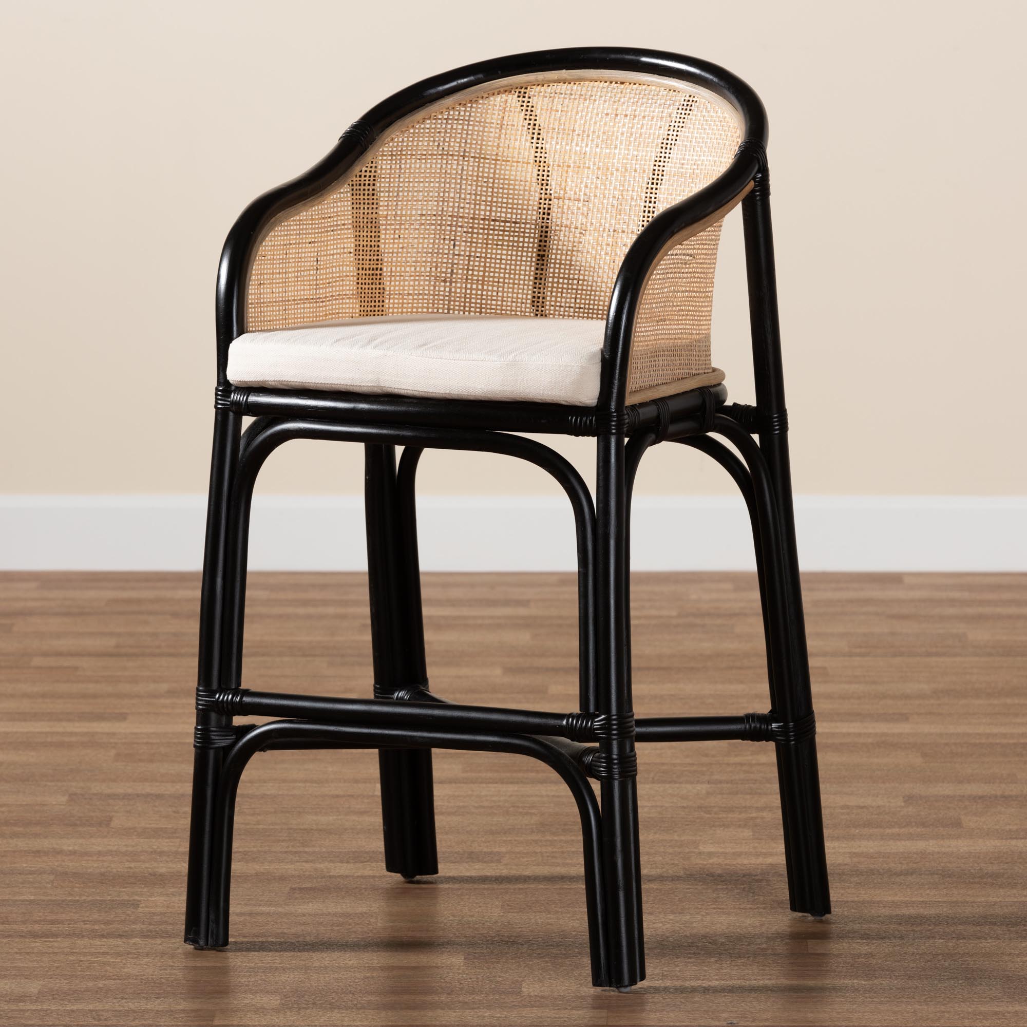 bali & pari Miranda Modern Bohemian Two-Tone Black and Natural Brown Rattan Counter Stool