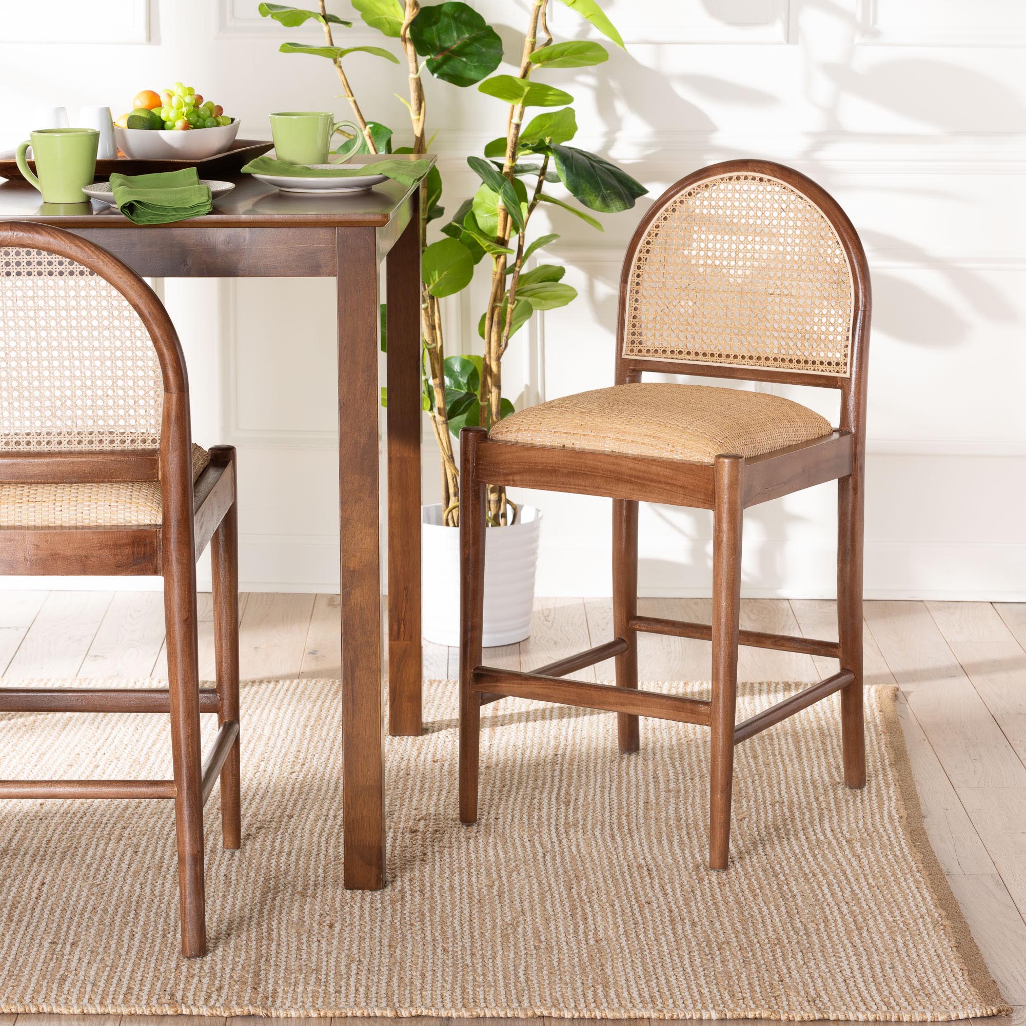 bali & pari Maryland Modern Bohemian Natural Rattan and Acacia Wood Counter Stool