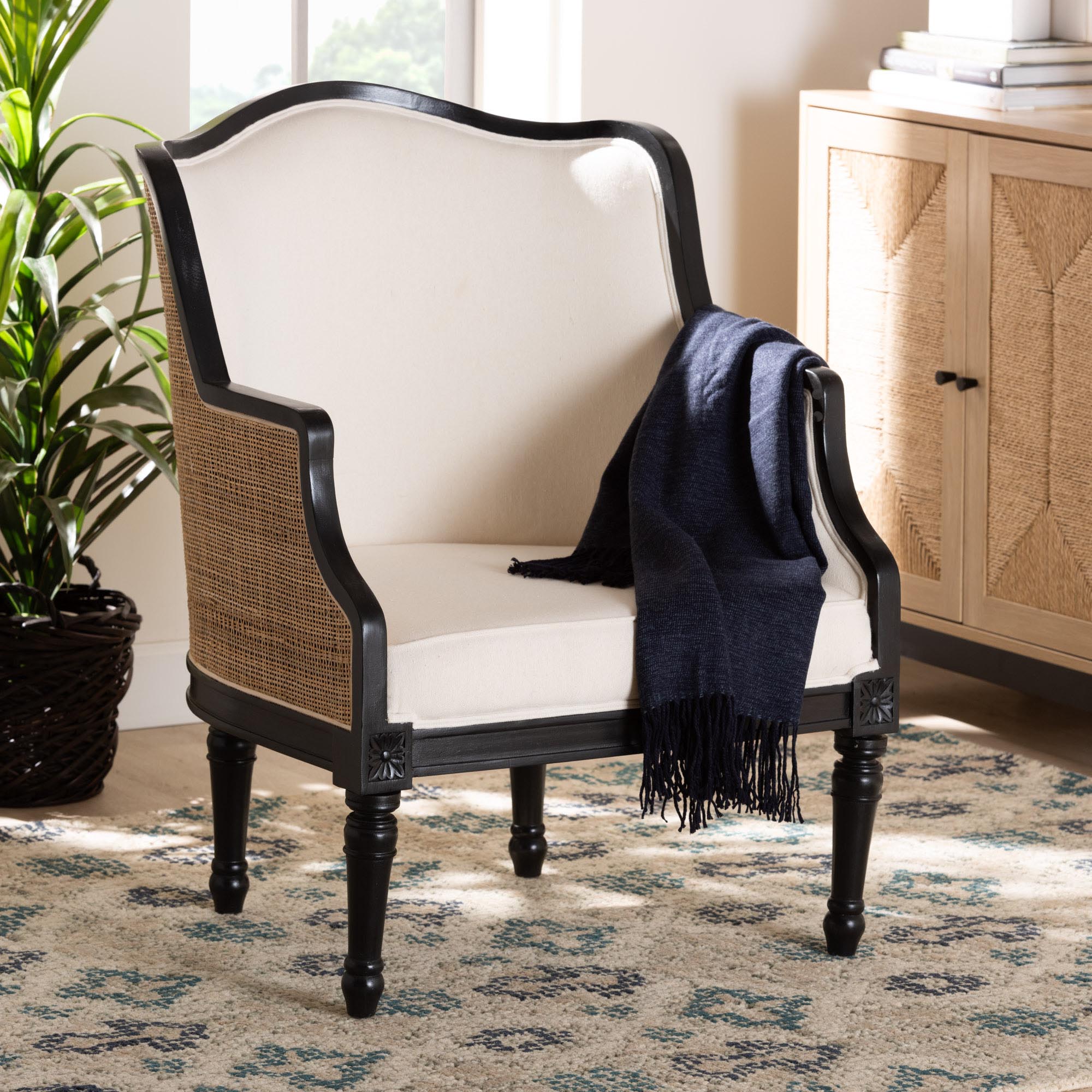 bali & pari Elizette Traditional French Beige Fabric and Black Finished Wood Accent Chair