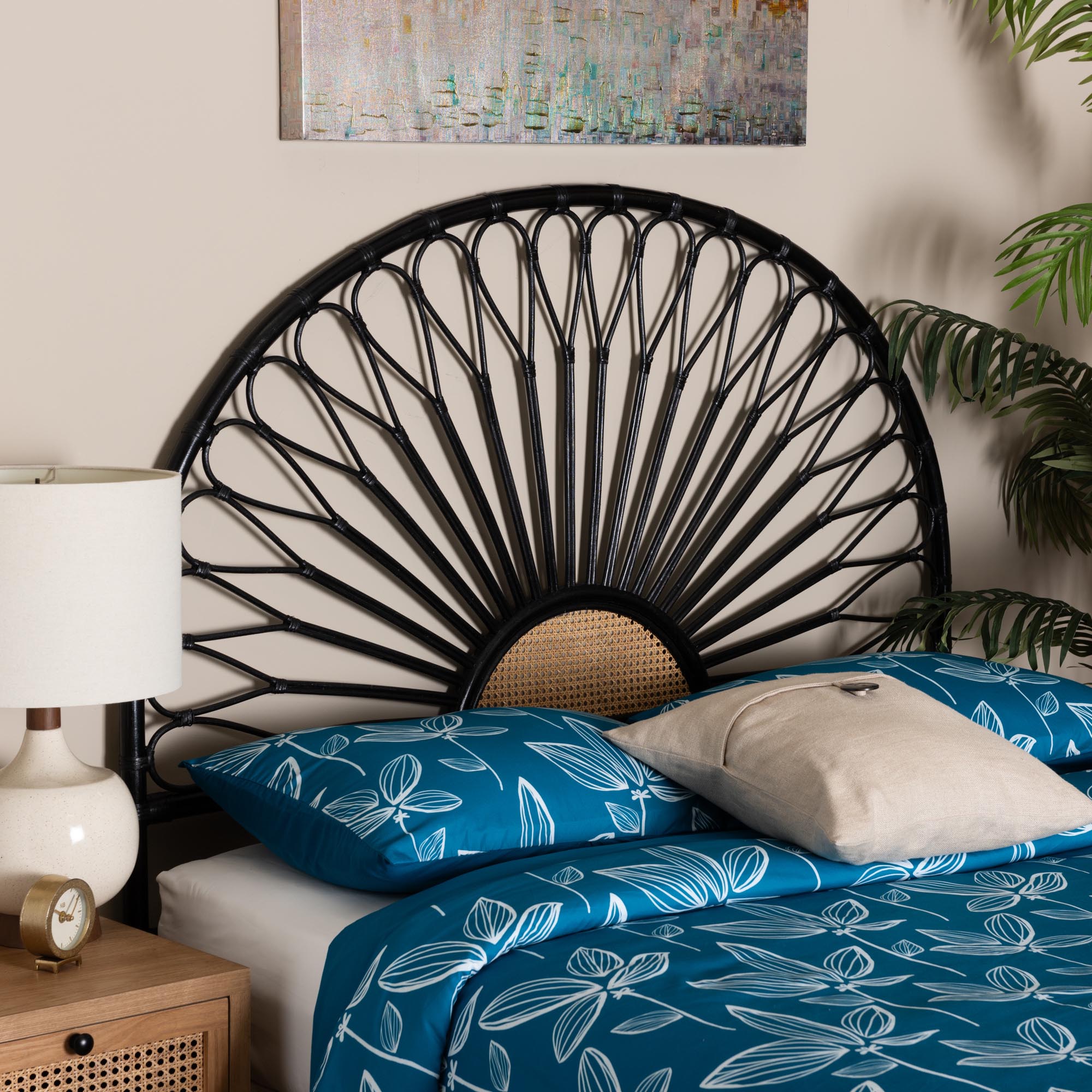 bali & pari Perenna Modern Bohemian Two-Tone Black and Natural Brown Rattan King Size Standalone Headboard