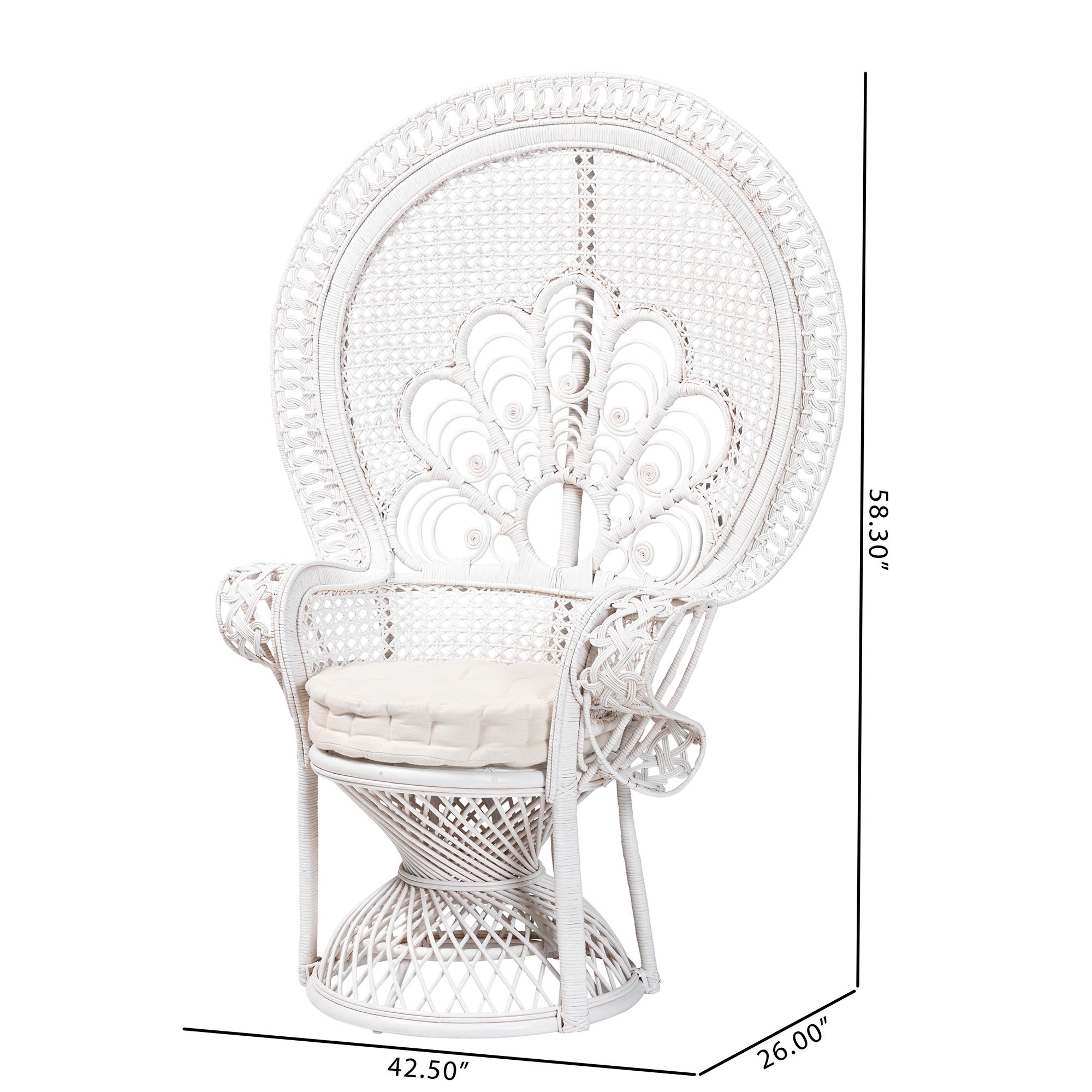 bali & pari Ediva Modern Bohemian White Natural Rattan Peacock Accent Chair