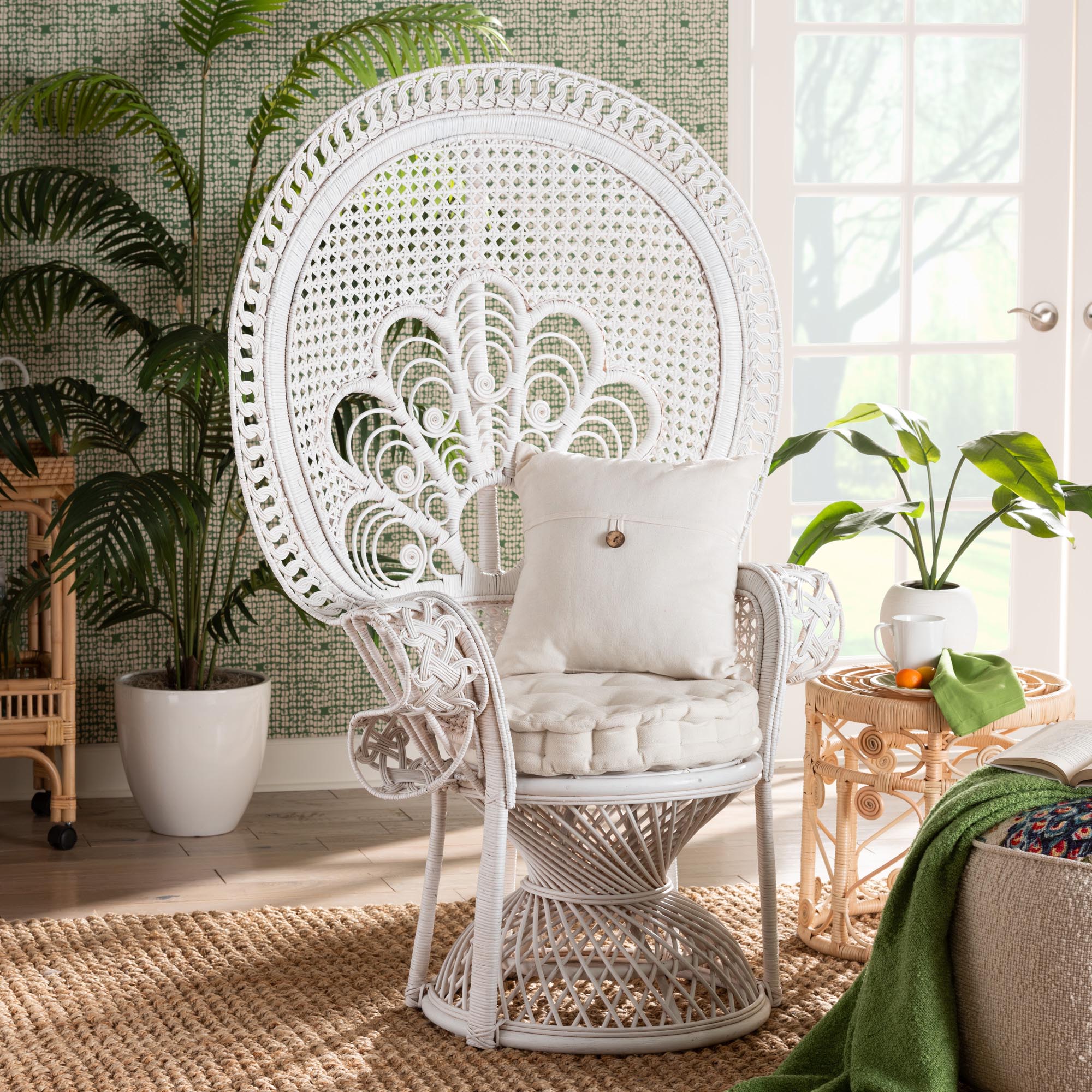 bali & pari Ediva Modern Bohemian White Natural Rattan Peacock Accent Chair