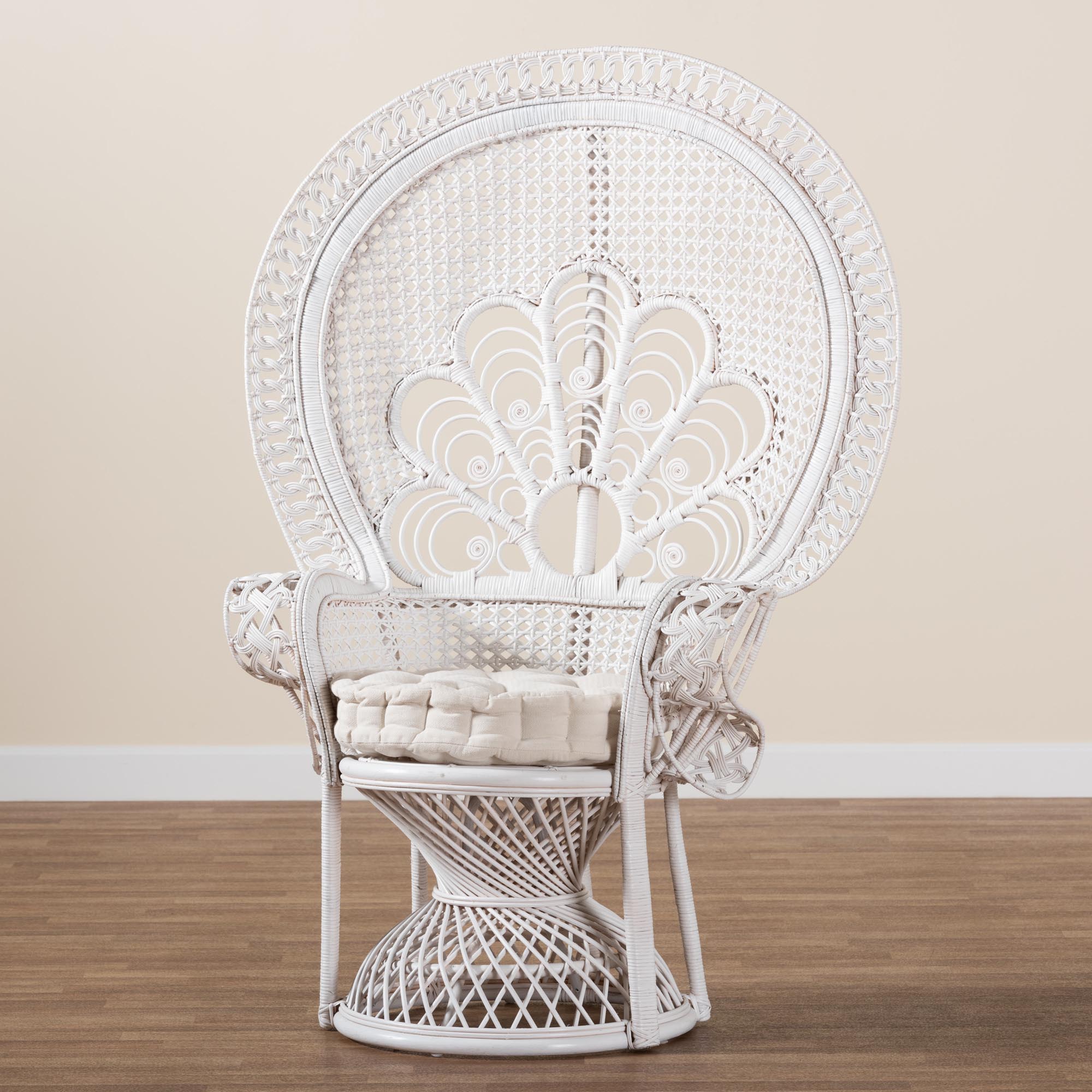 bali & pari Ediva Modern Bohemian White Natural Rattan Peacock Accent Chair