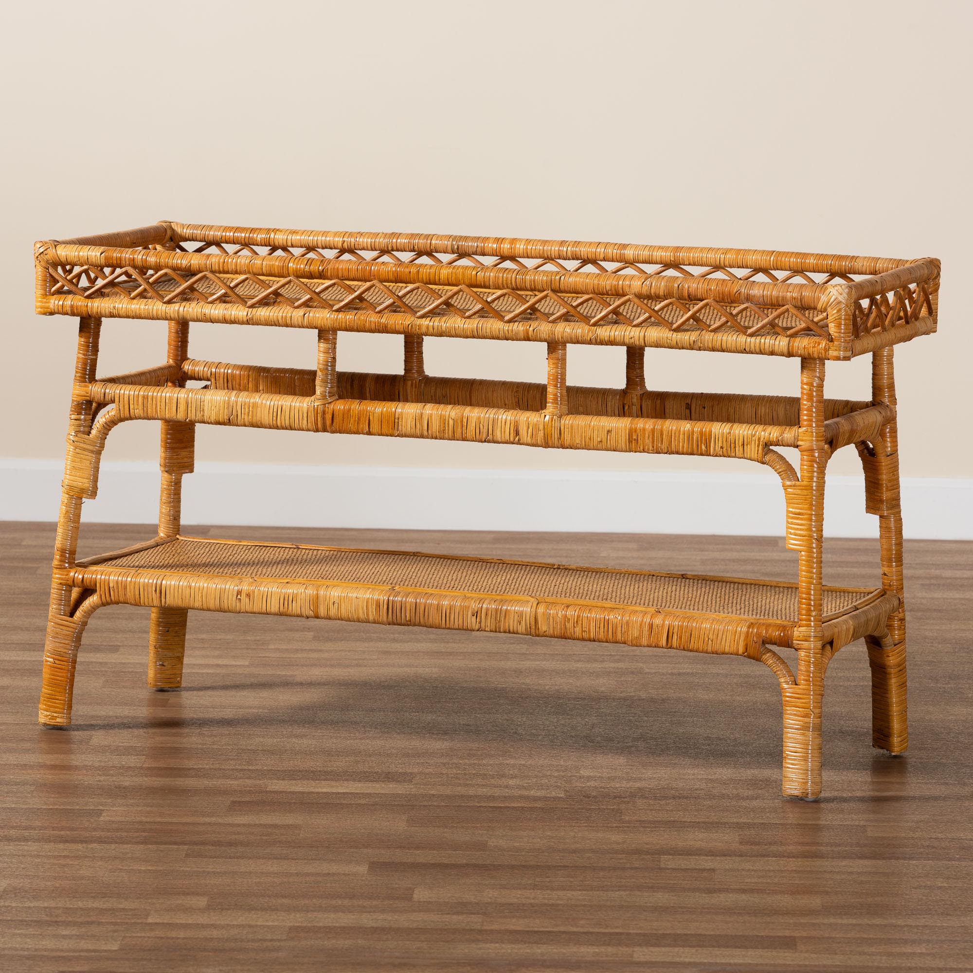 bali & pari Savitri Modern Bohemian Natural Rattan 2-Tier Console Table