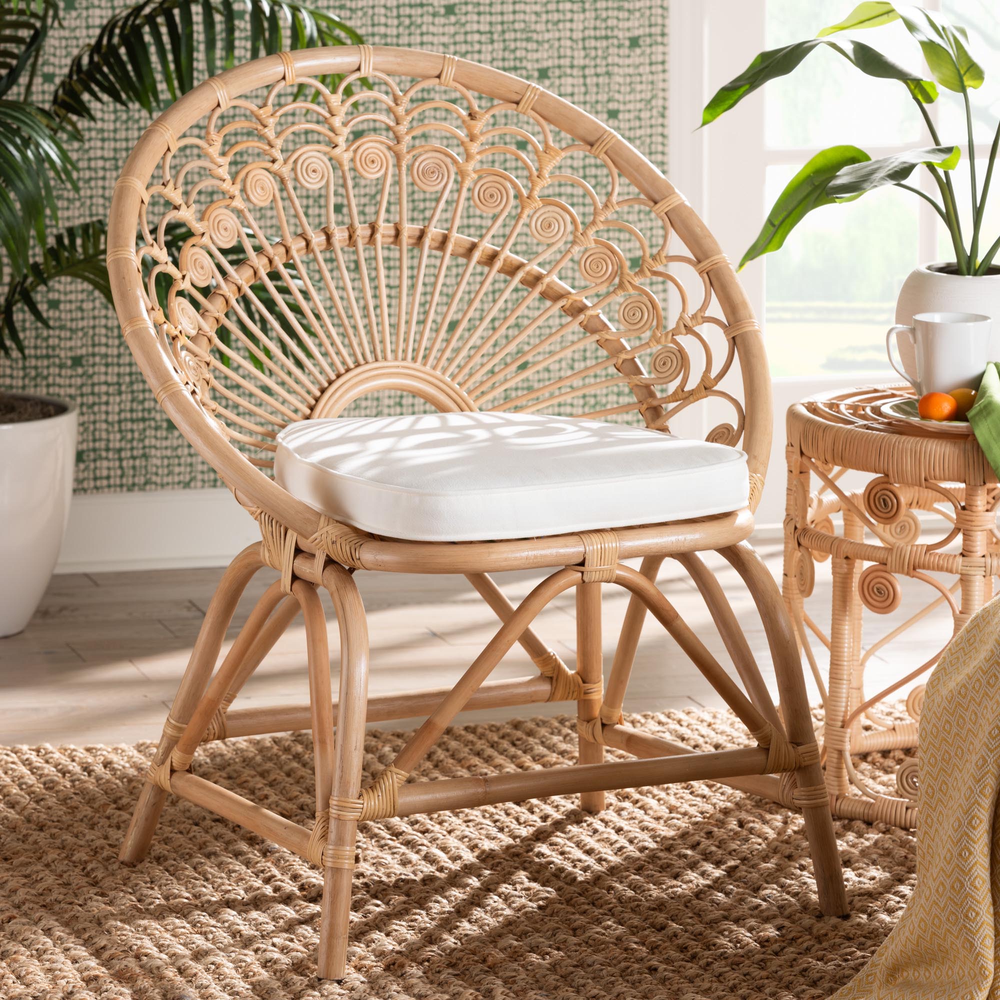 bali & pari Abriella Modern Bohemian Natural Brown Rattan Peacock Accent Chair