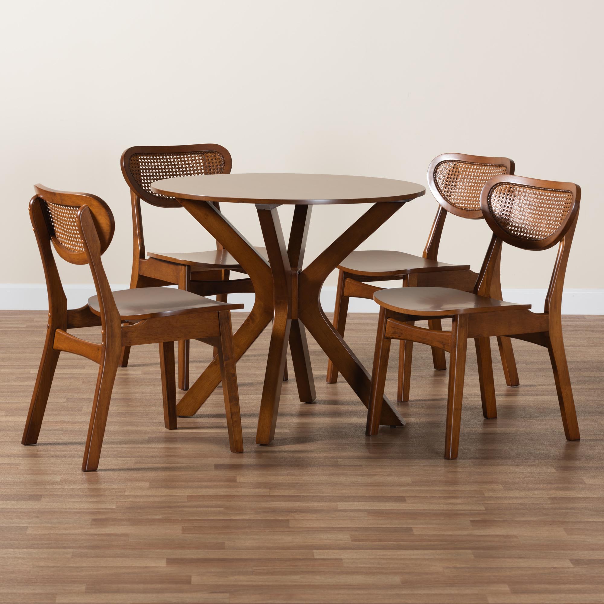 Baxton Studio Giuliana Mid-Century Modern Walnut Brown Finished Wood and Woven Rattan 5-Piece Dining Set