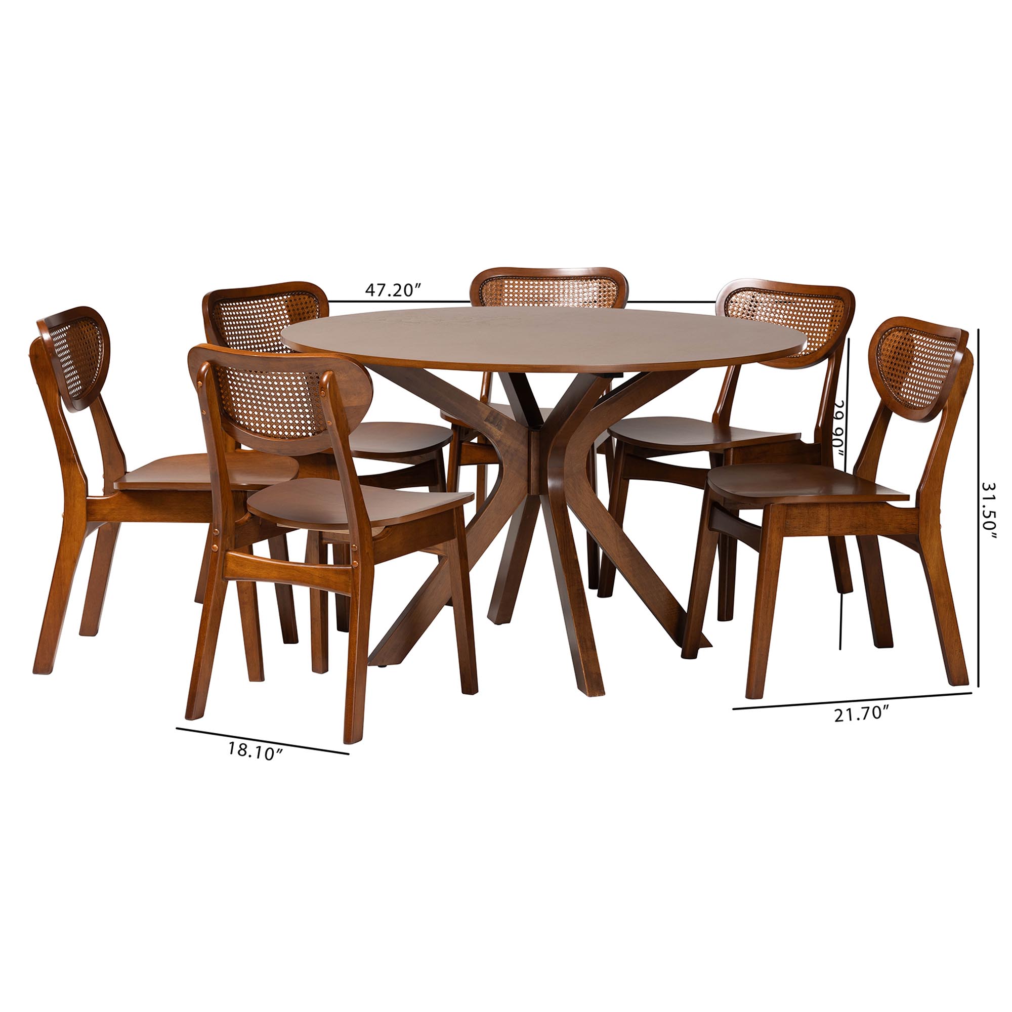 Baxton Studio Giuliana Mid-Century Modern Walnut Brown Finished Wood and Woven Rattan 7-Piece Dining Set