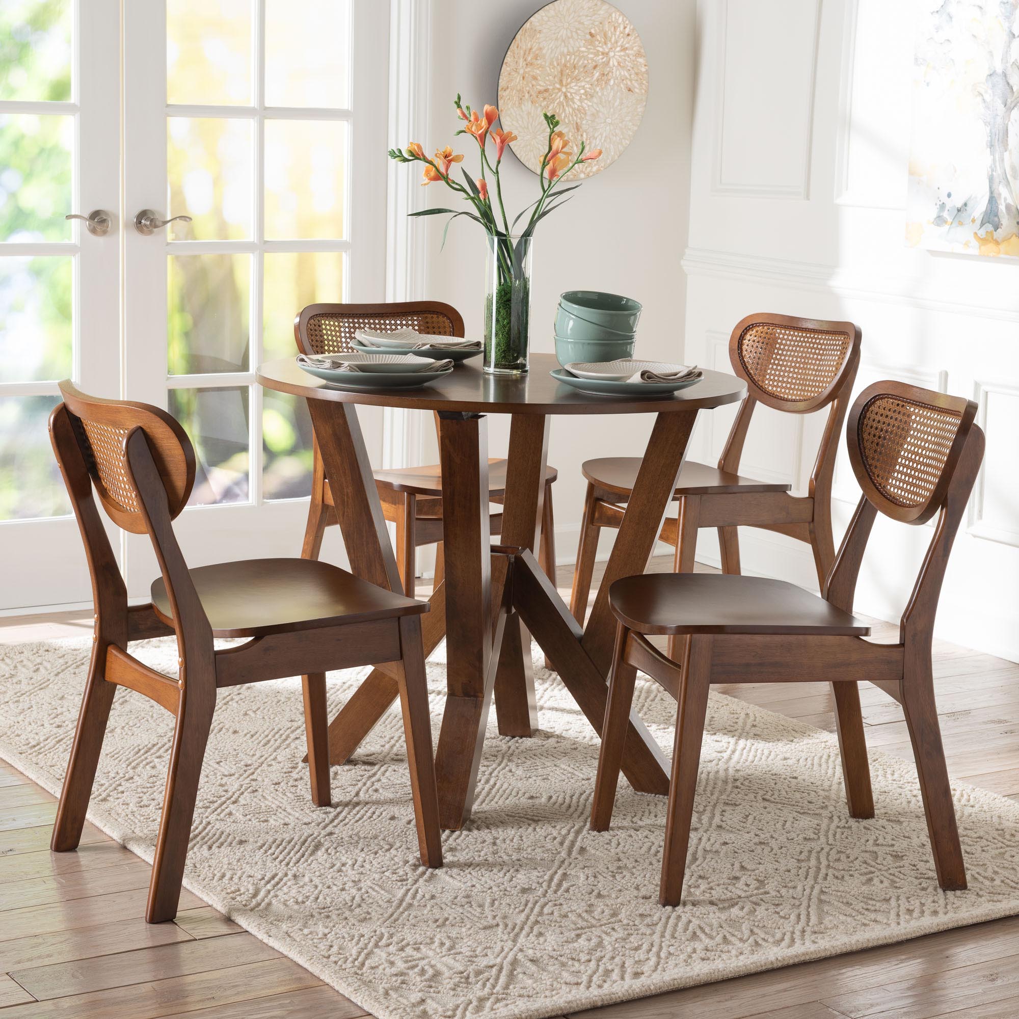 Baxton Studio Crystal 5-Piece Dining Set - Mid-Century Modern Round Table and Chair Set for Dining Room, Kitchen, Apartment