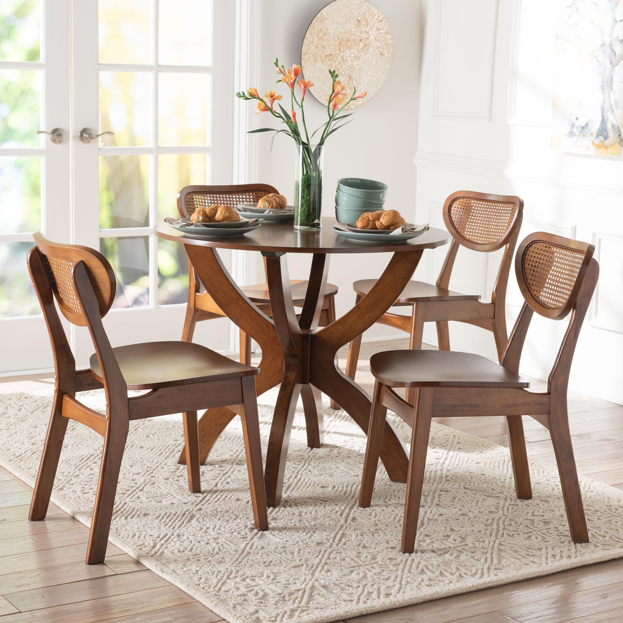 Baxton Studio Kenna 5-Piece Dining Set - Mid-Century Modern Round Table and Chair Set for Dining Room, Kitchen, Apartment