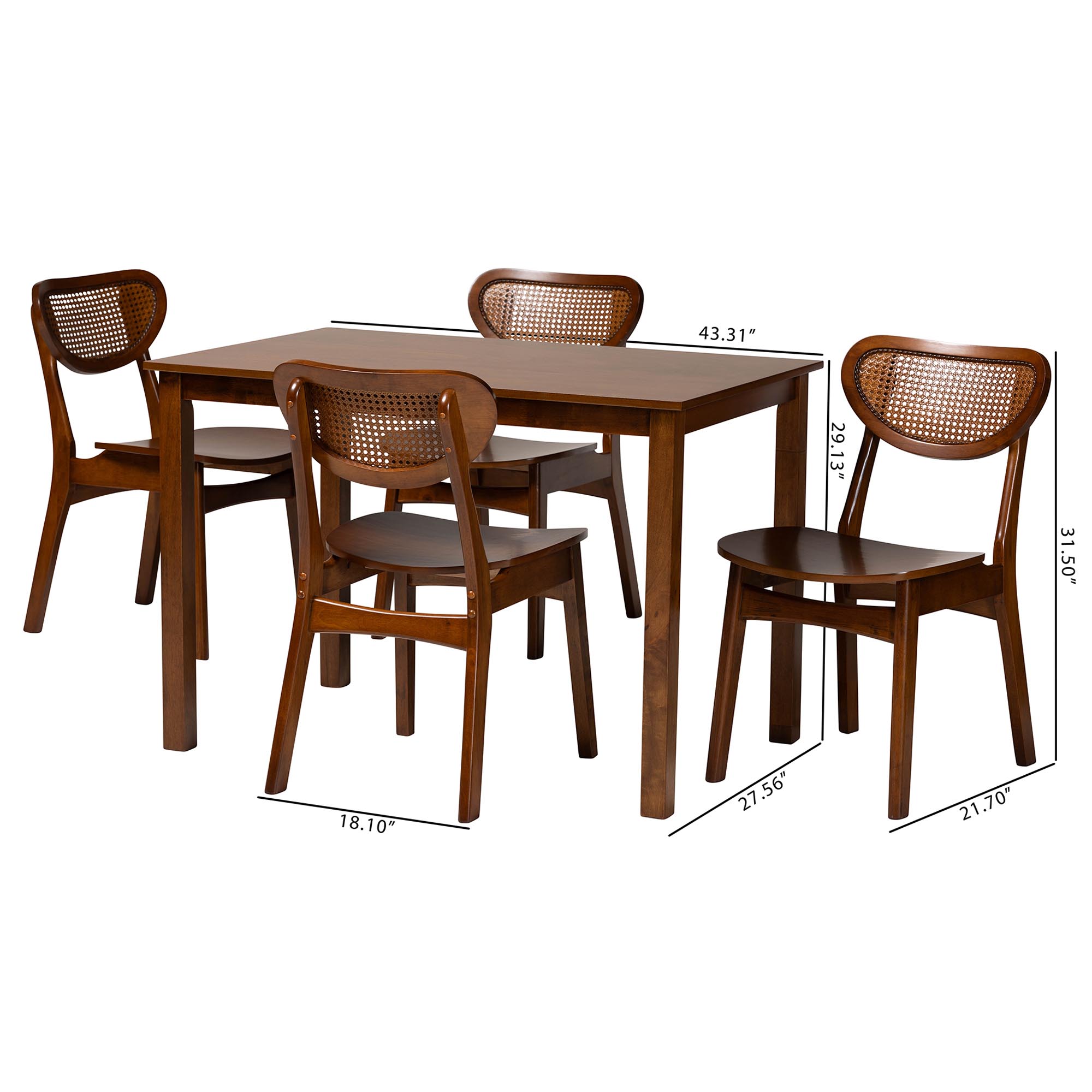 Baxton Studio Jeriah Mid-Century Modern Walnut Brown Finished Wood and Woven Rattan 5-Piece Dining Set