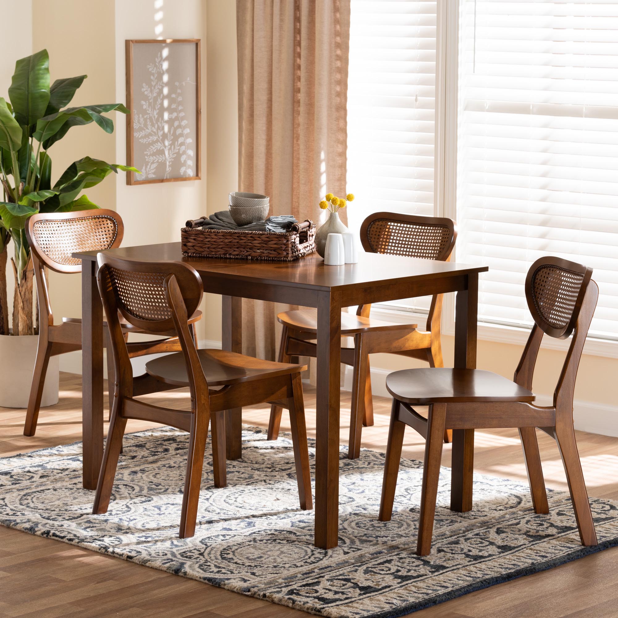Baxton Studio Jeriah Mid-Century Modern Walnut Brown Finished Wood and Woven Rattan 5-Piece Dining Set