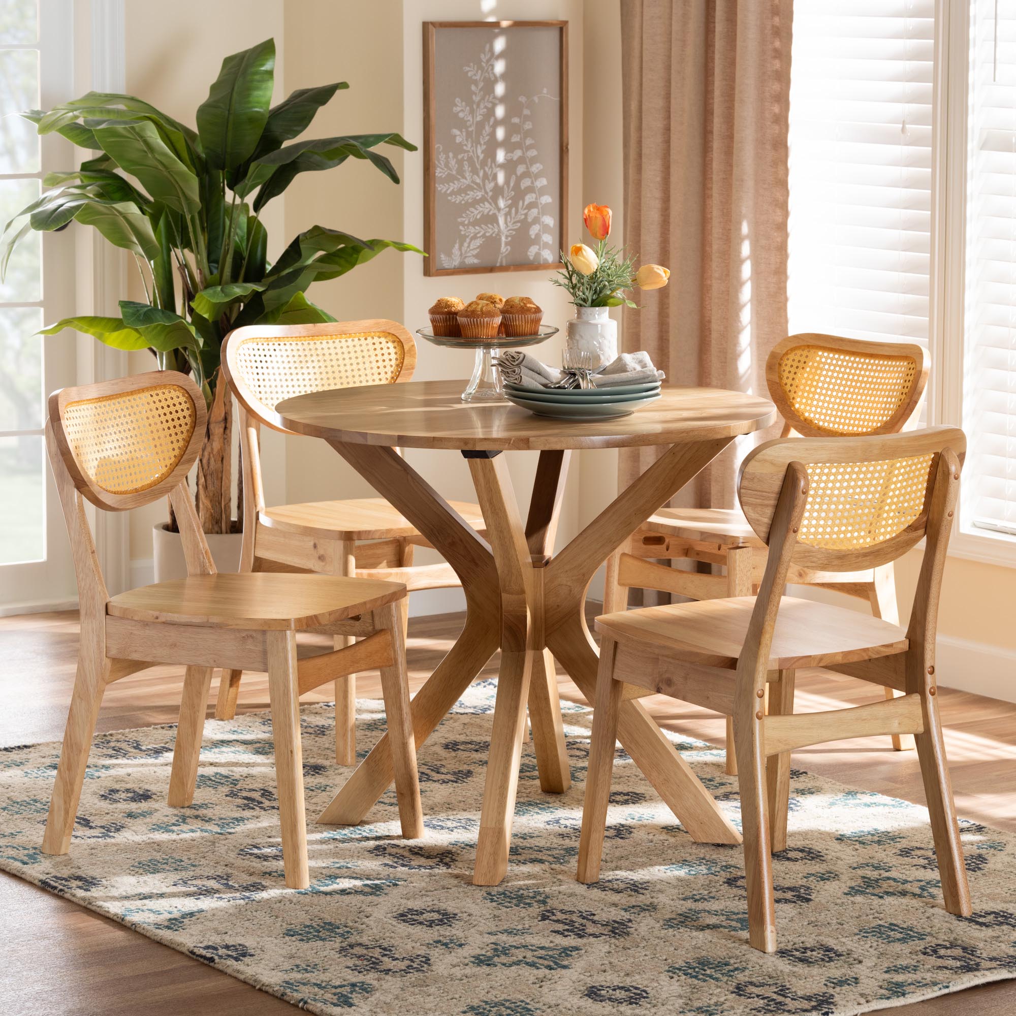 Baxton Studio Donato Mid-Century Modern Oak Brown Finished Wood and Rattan 5-Piece Dining Set