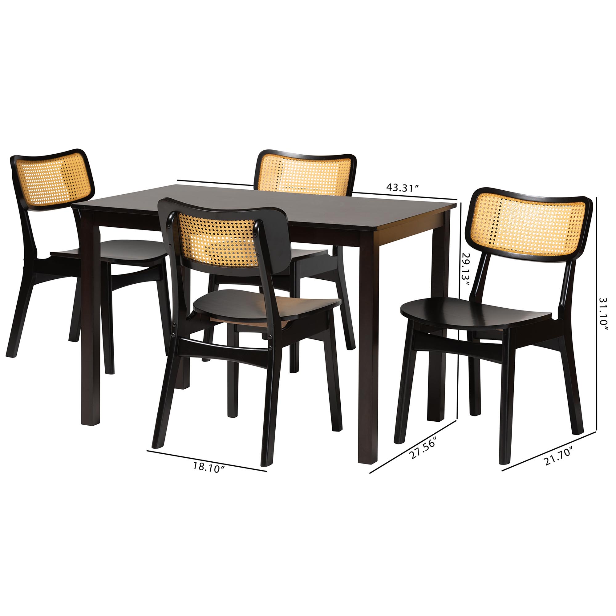 Baxton Studio Estera Mid-Century Modern Dark Brown Finished Wood and Rattan 5-Piece Dining Set