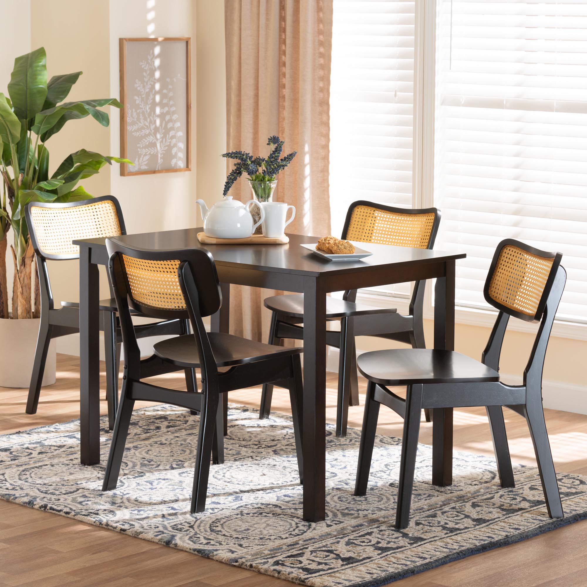 Baxton Studio Estera Mid-Century Modern Dark Brown Finished Wood and Rattan 5-Piece Dining Set