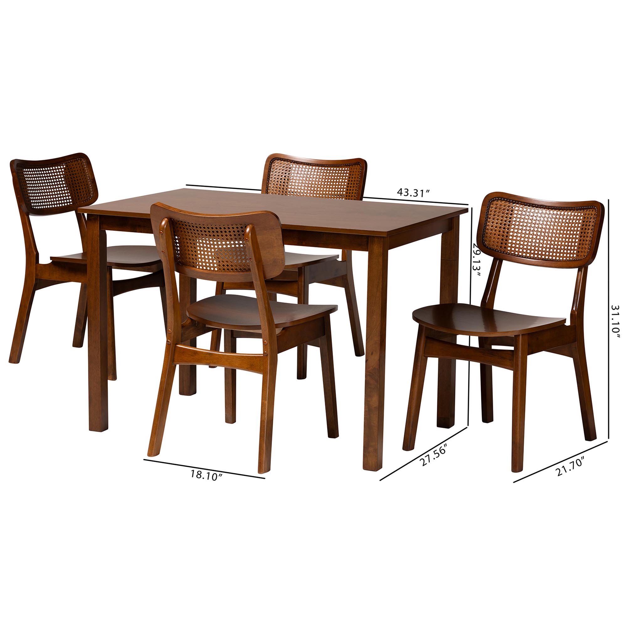Baxton Studio Estera Mid-Century Modern Walnut Brown Finished Wood and Rattan 5-Piece Dining Set