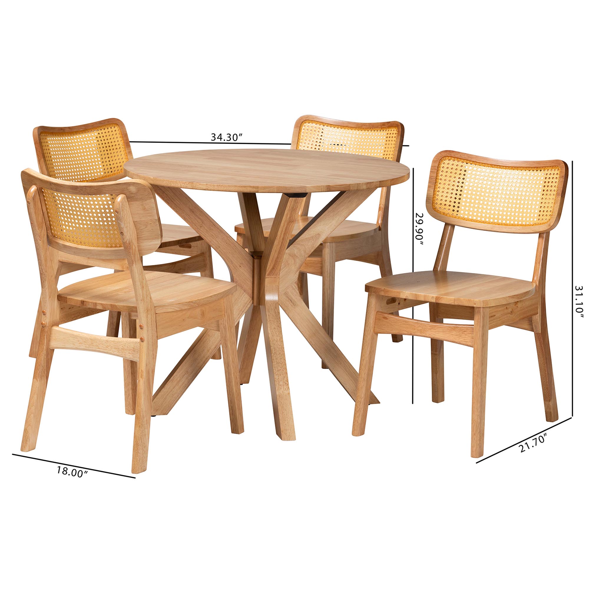 Baxton Studio Camilo Mid-Century Modern Oak Brown Finished Wood and Rattan 5-Piece Dining Set