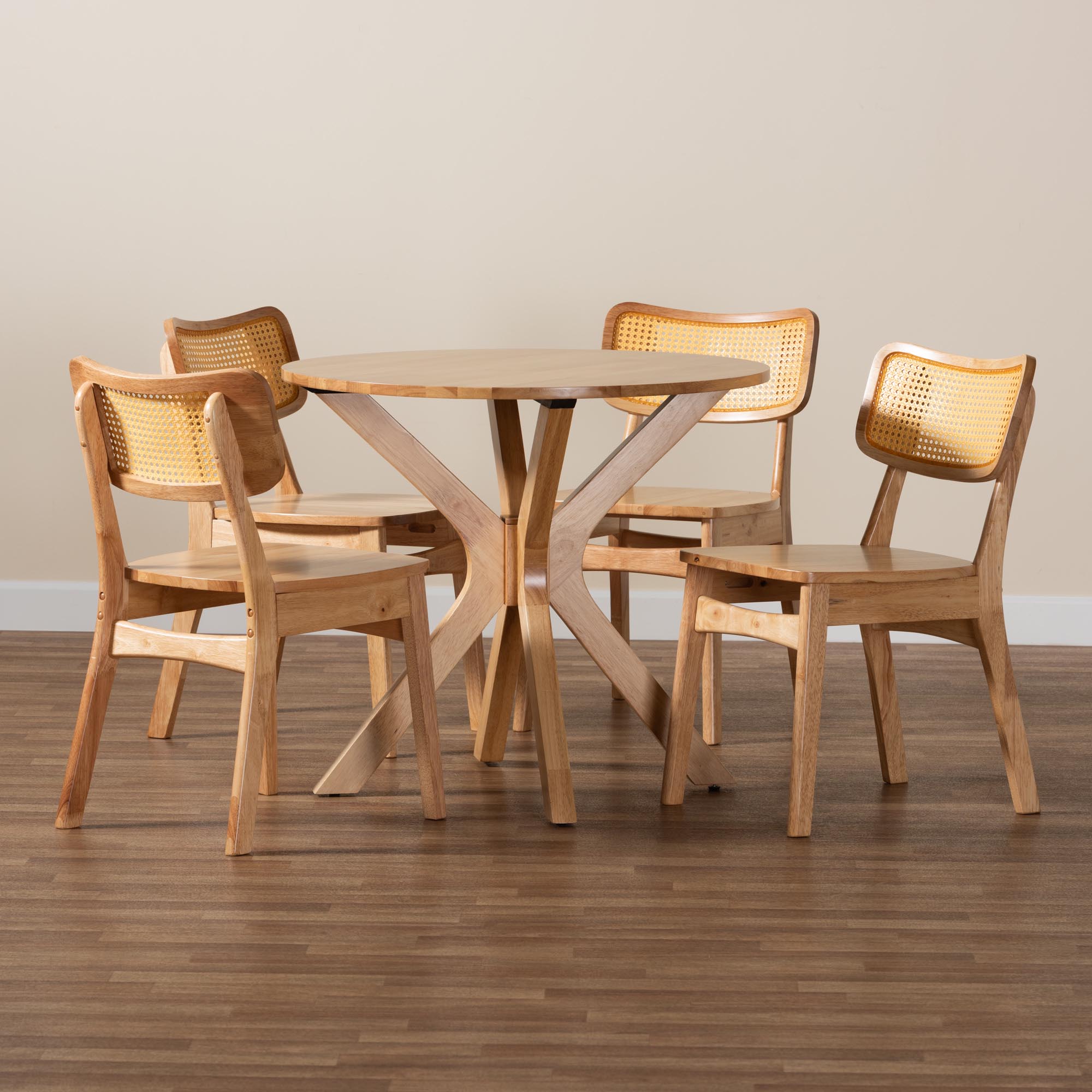 Baxton Studio Camilo Mid-Century Modern Oak Brown Finished Wood and Rattan 5-Piece Dining Set