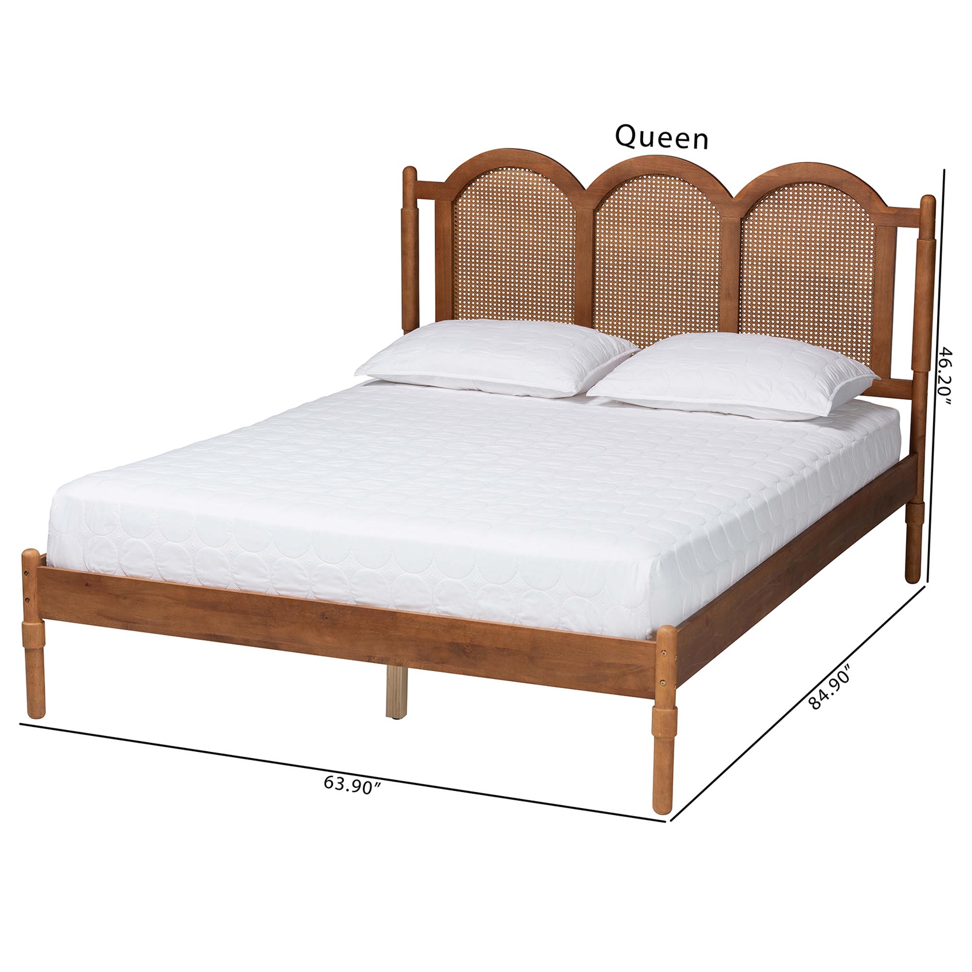Baxton Studio Thatcher Mid-Century Modern Walnut Brown Finished Wood Queen Size Platform Bed with Woven Rattan