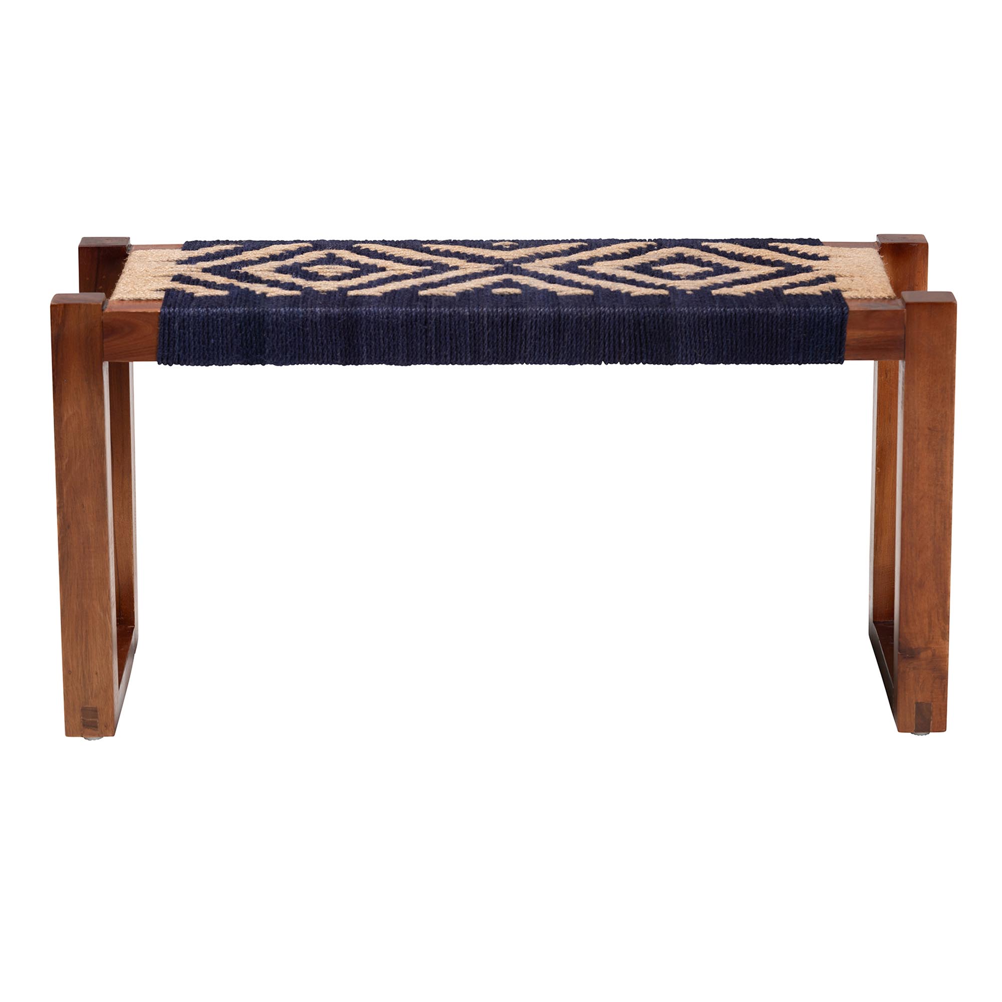 bali & pari Prunella Modern Bohemian Two-Tone Navy Blue and Natural Brown Seagrass and Acacia Wood Accent Bench