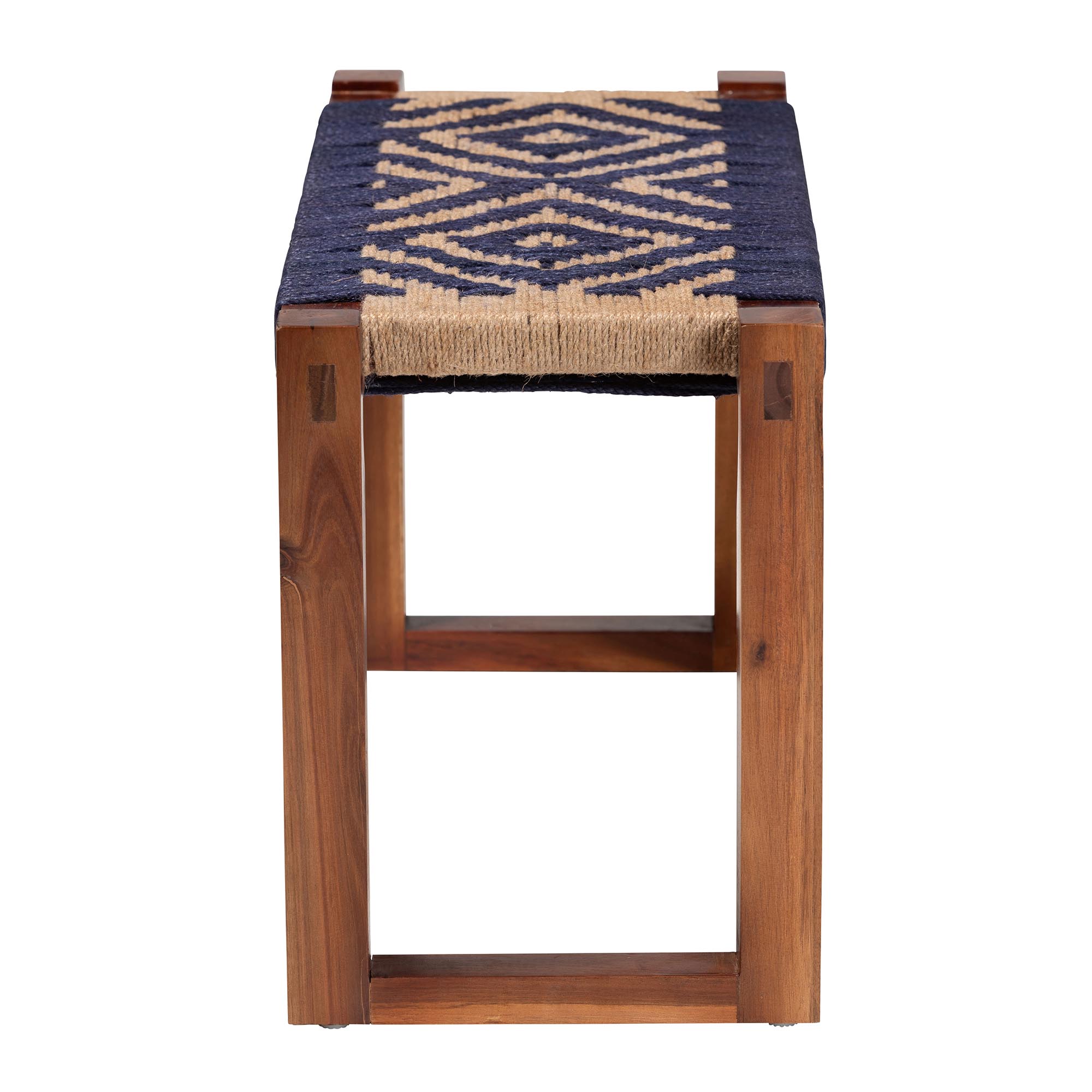 bali & pari Prunella Modern Bohemian Two-Tone Navy Blue and Natural Brown Seagrass and Acacia Wood Accent Bench
