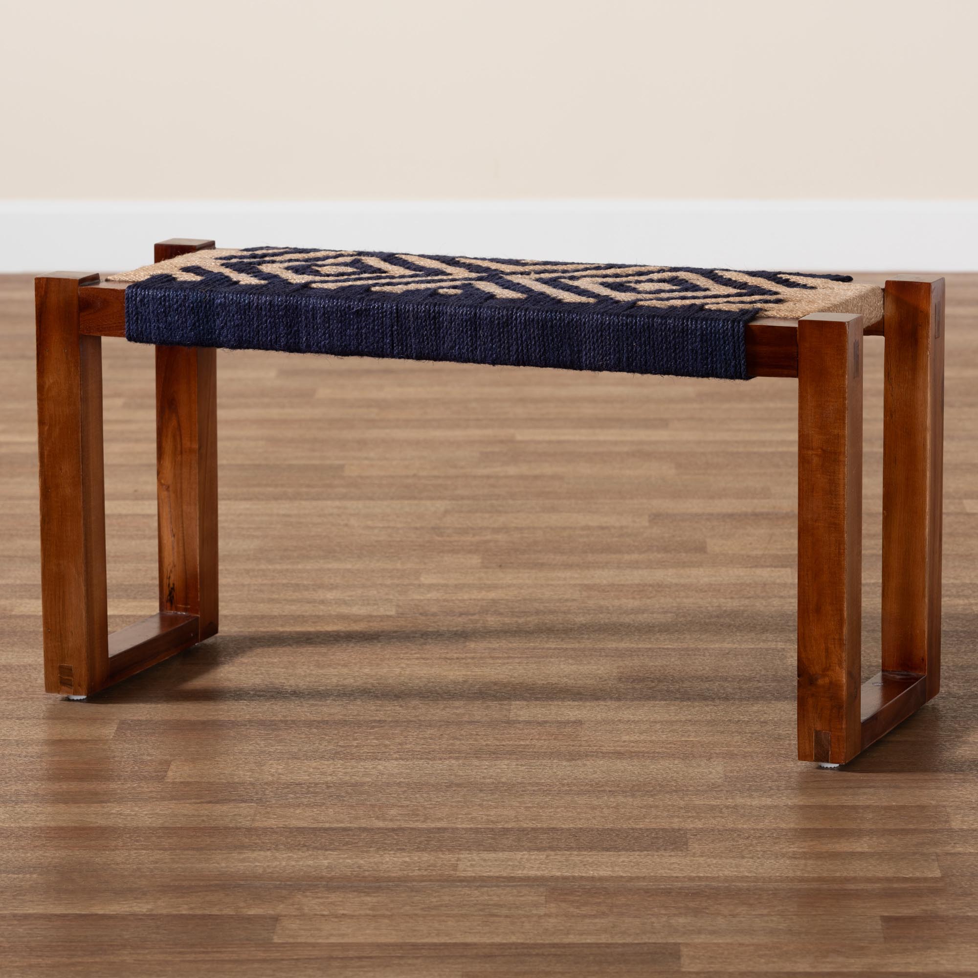 bali & pari Prunella Modern Bohemian Two-Tone Navy Blue and Natural Brown Seagrass and Acacia Wood Accent Bench