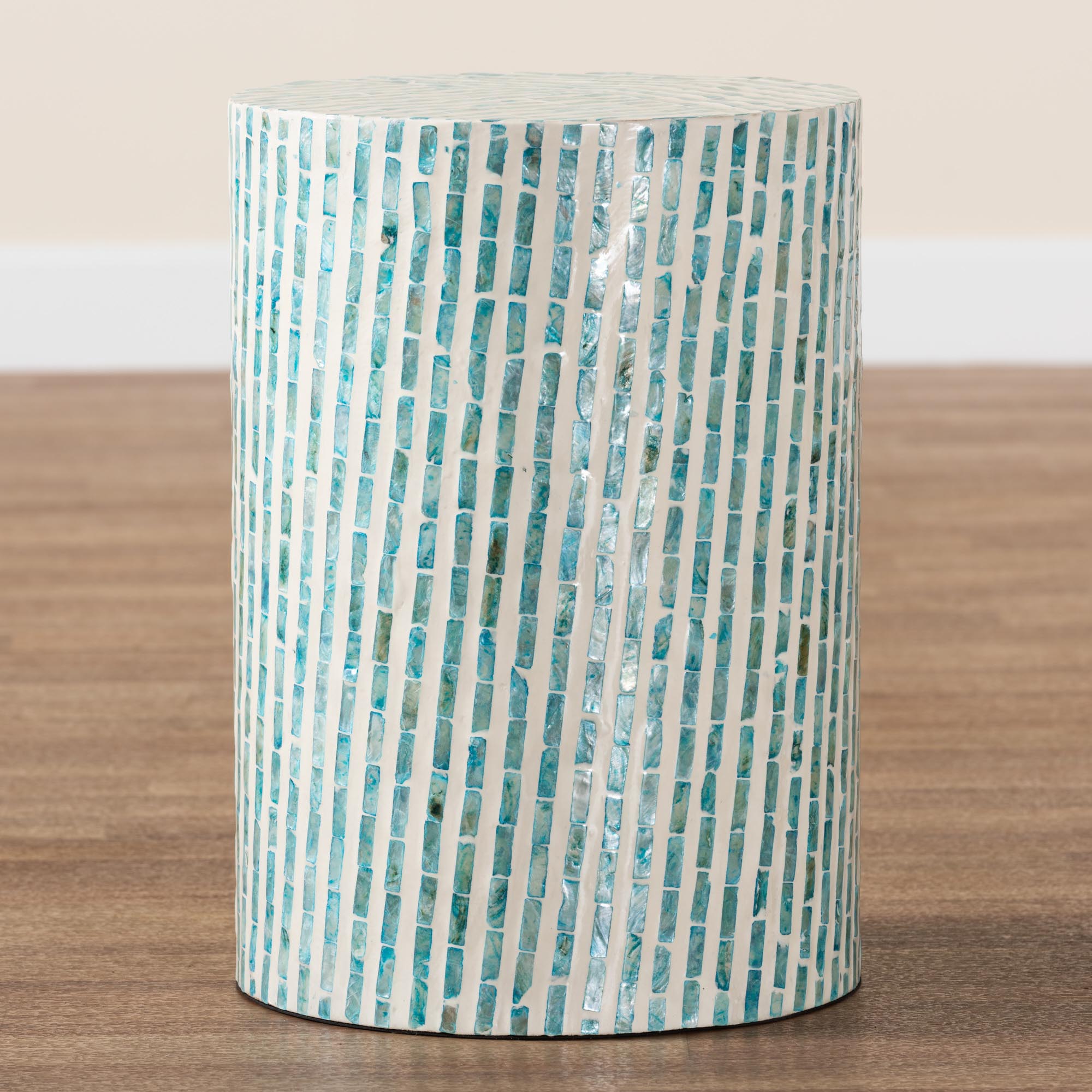 Baxton Studio Draven Modern Bohemian White and Blue Mother of Pearl End Table