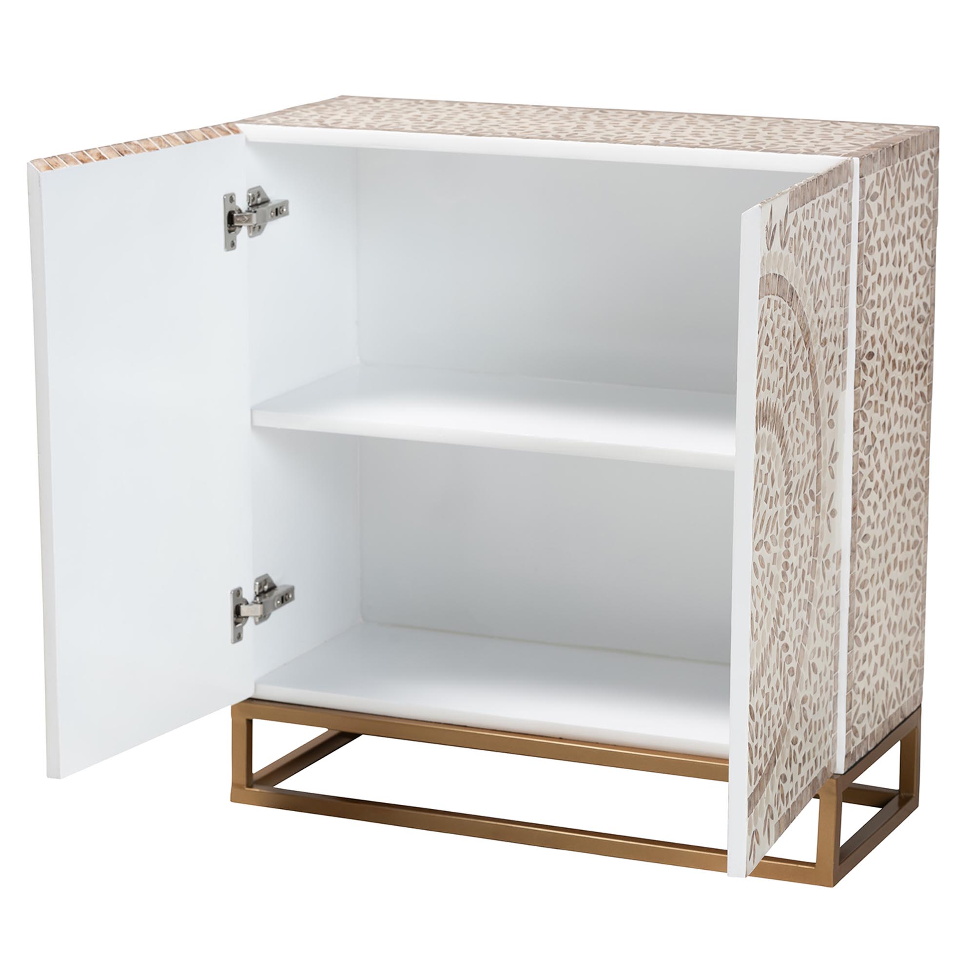 Baxton Studio Ercilia Modern Bohemian White and Rustic Brown Mother of Pearl Storage Cabinet