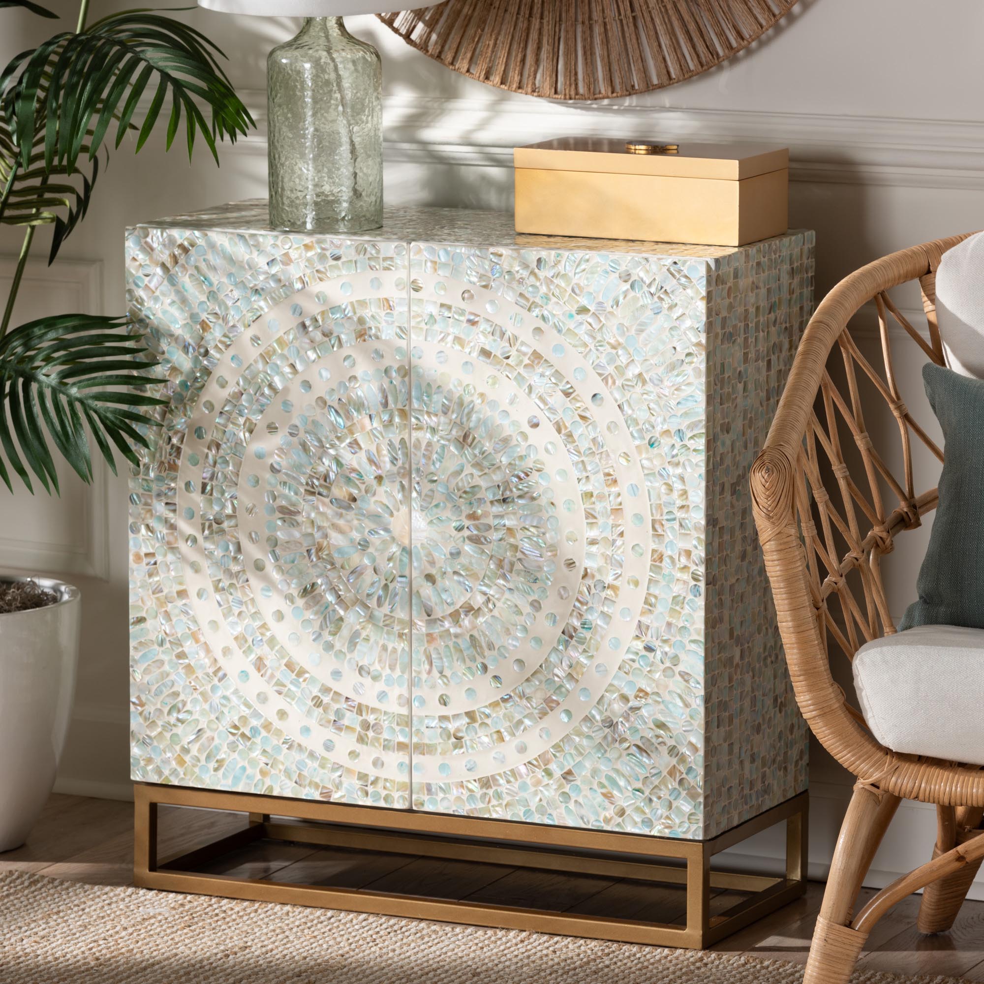 Baxton Studio Quintus Modern Bohemian Multicolor Mother of Pearl and Gold Metal Storage Cabinet
