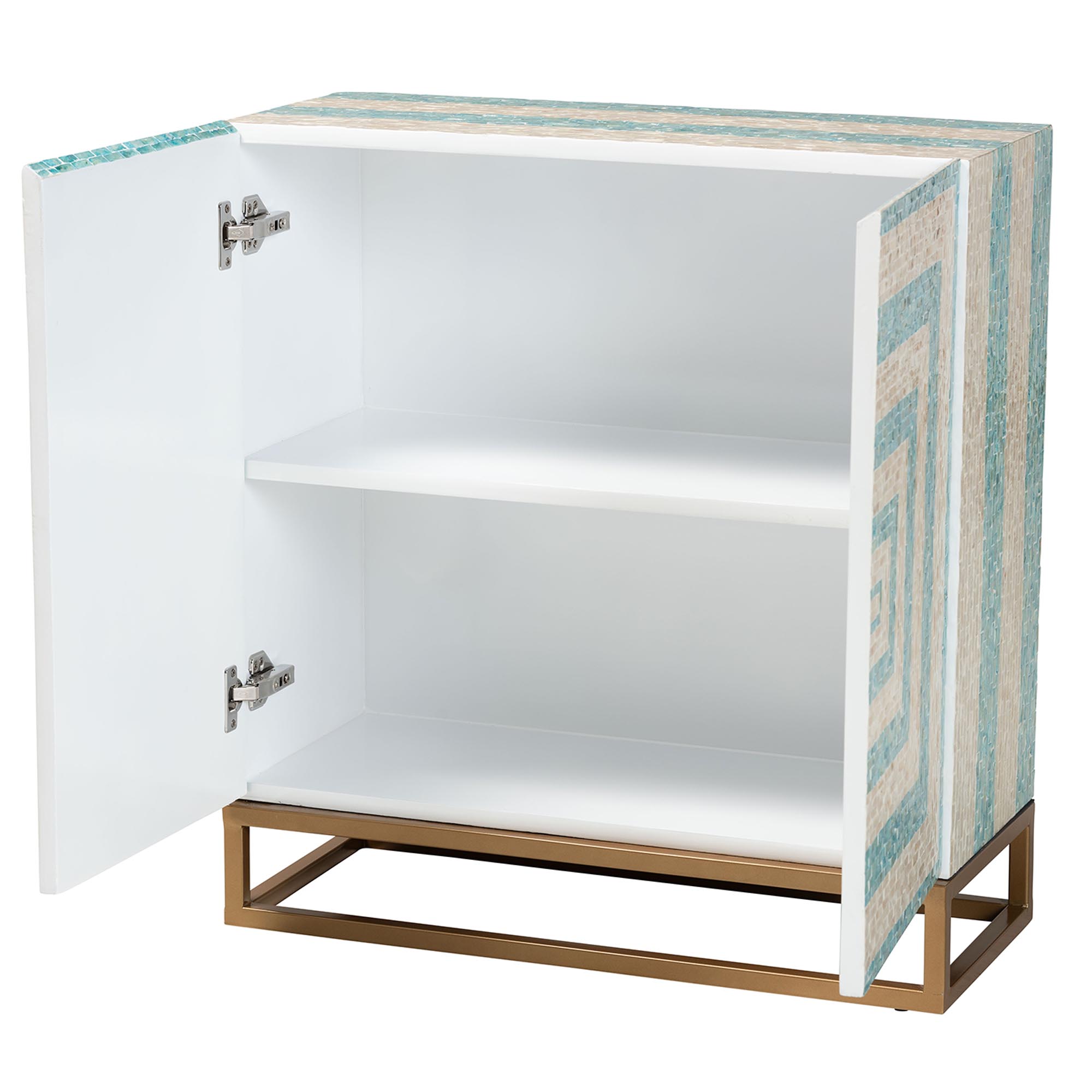 Baxton Studio Utari Modern Bohemian Two-Tone Beige and Blue Mother of Pearl and Gold Metal Storage Cabinet