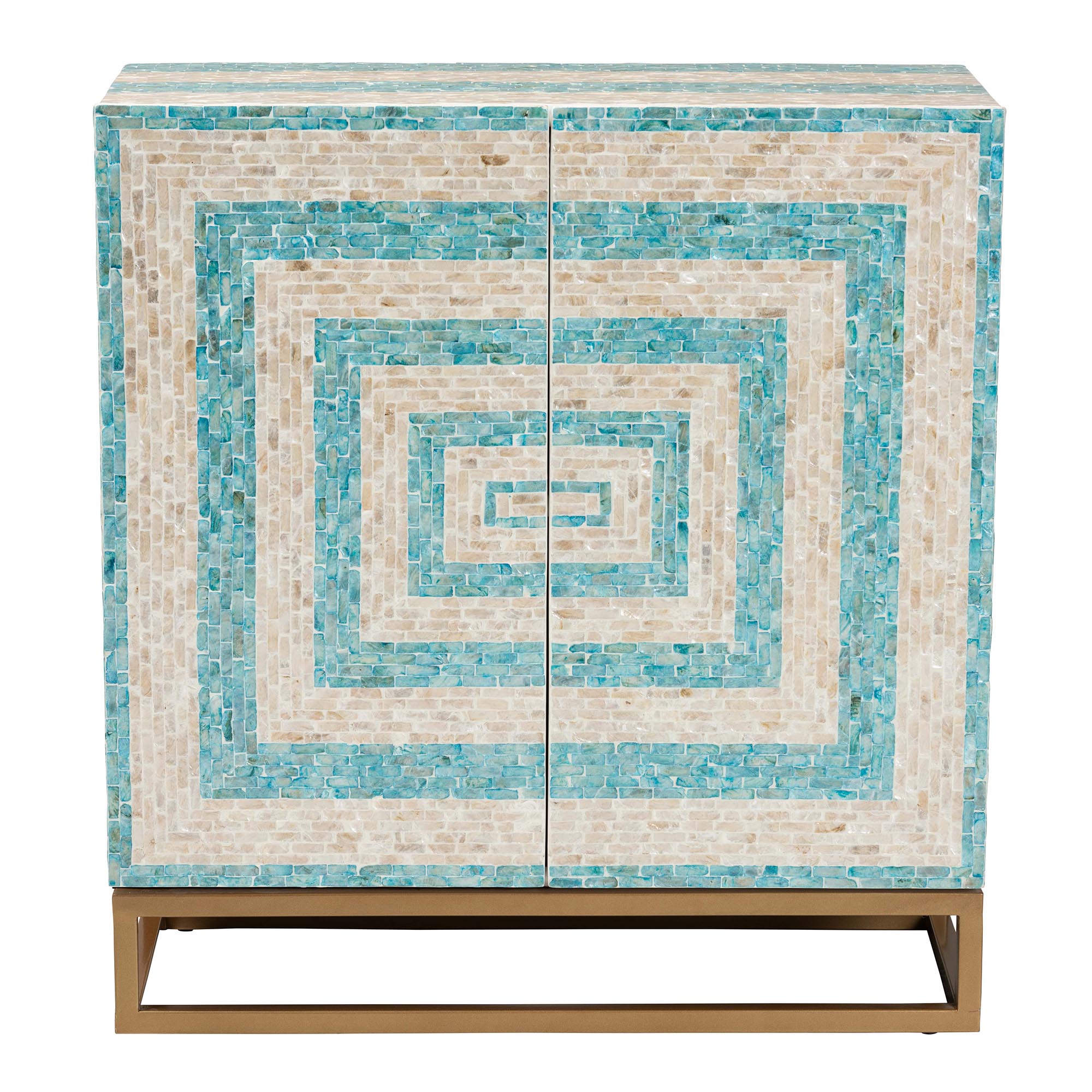 Baxton Studio Utari Modern Bohemian Two-Tone Beige and Blue Mother of Pearl and Gold Metal Storage Cabinet