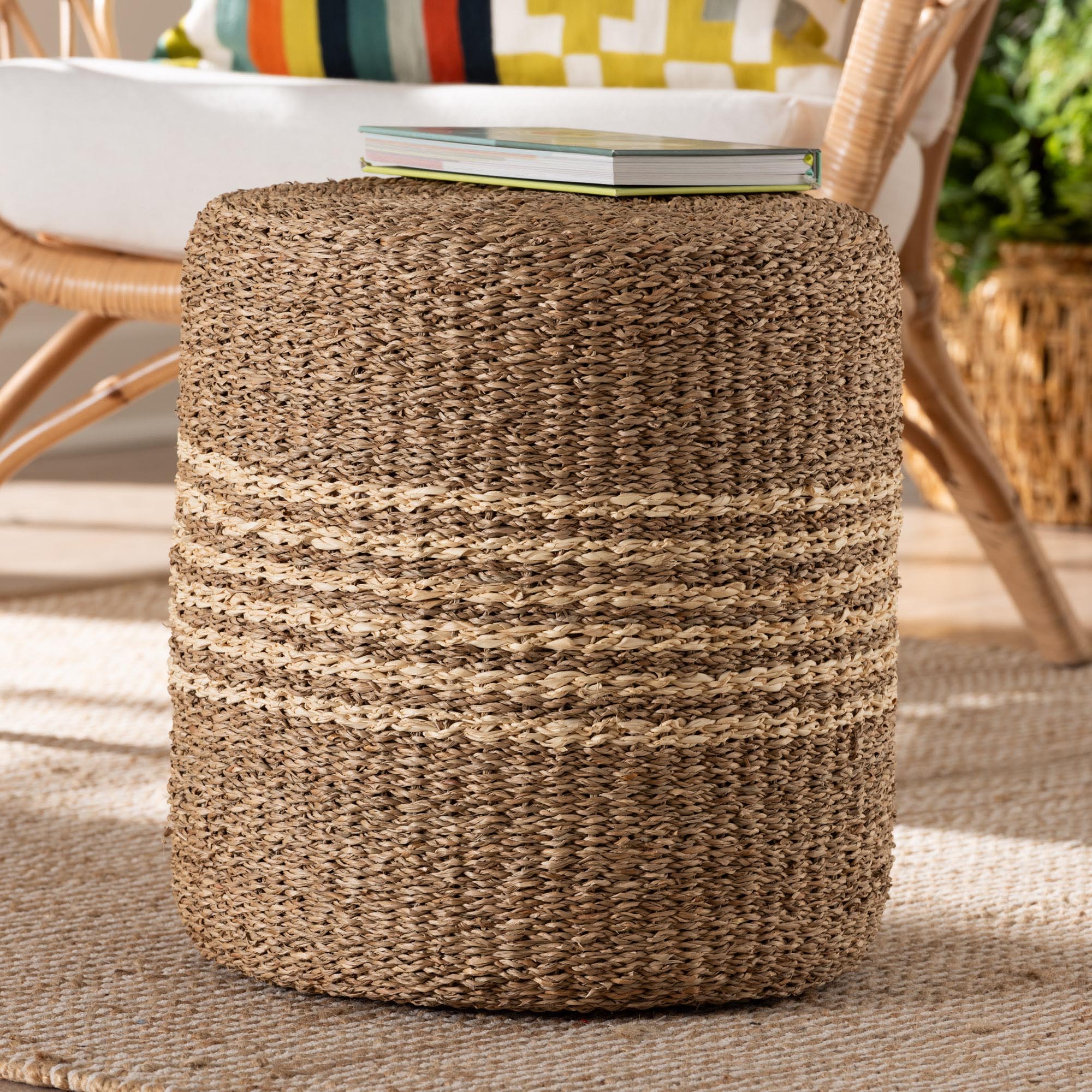 bali & pari Wickham Modern Bohemian Natural Brown Seagrass Ottoman Footstool