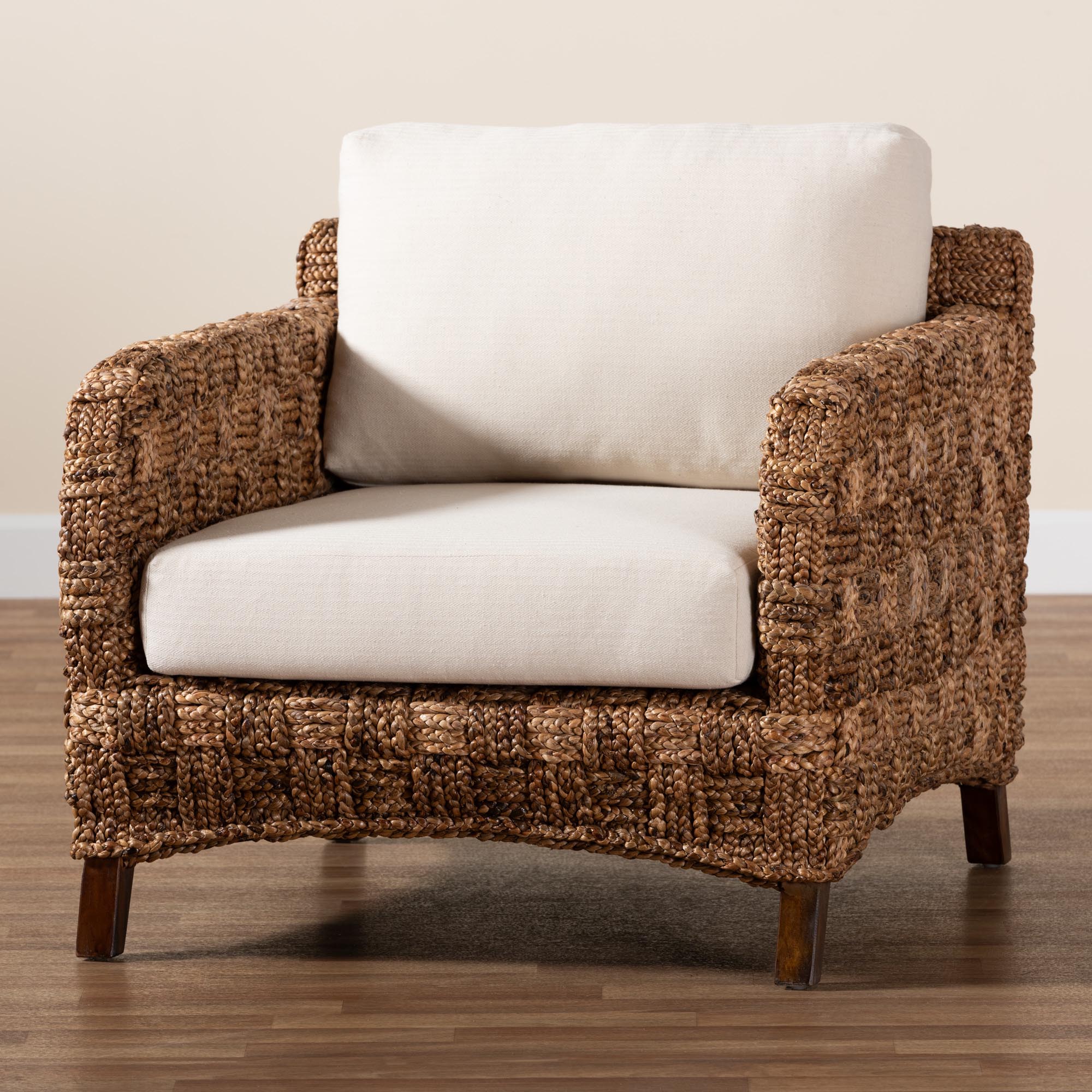 bali & pari Vevina Modern Bohemian Dark Brown Mahogany Wood and Woven Seagrass Arm Chair