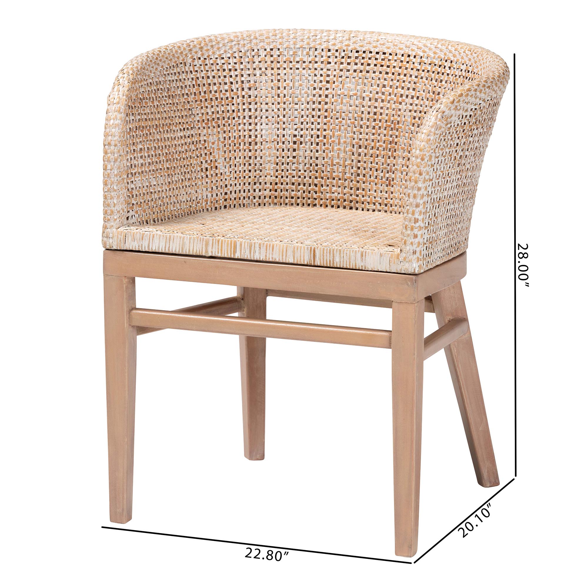 bali & pari Papua Modern Bohemian Antique White Washed Rattan and Mahogany Wood Dining Chair