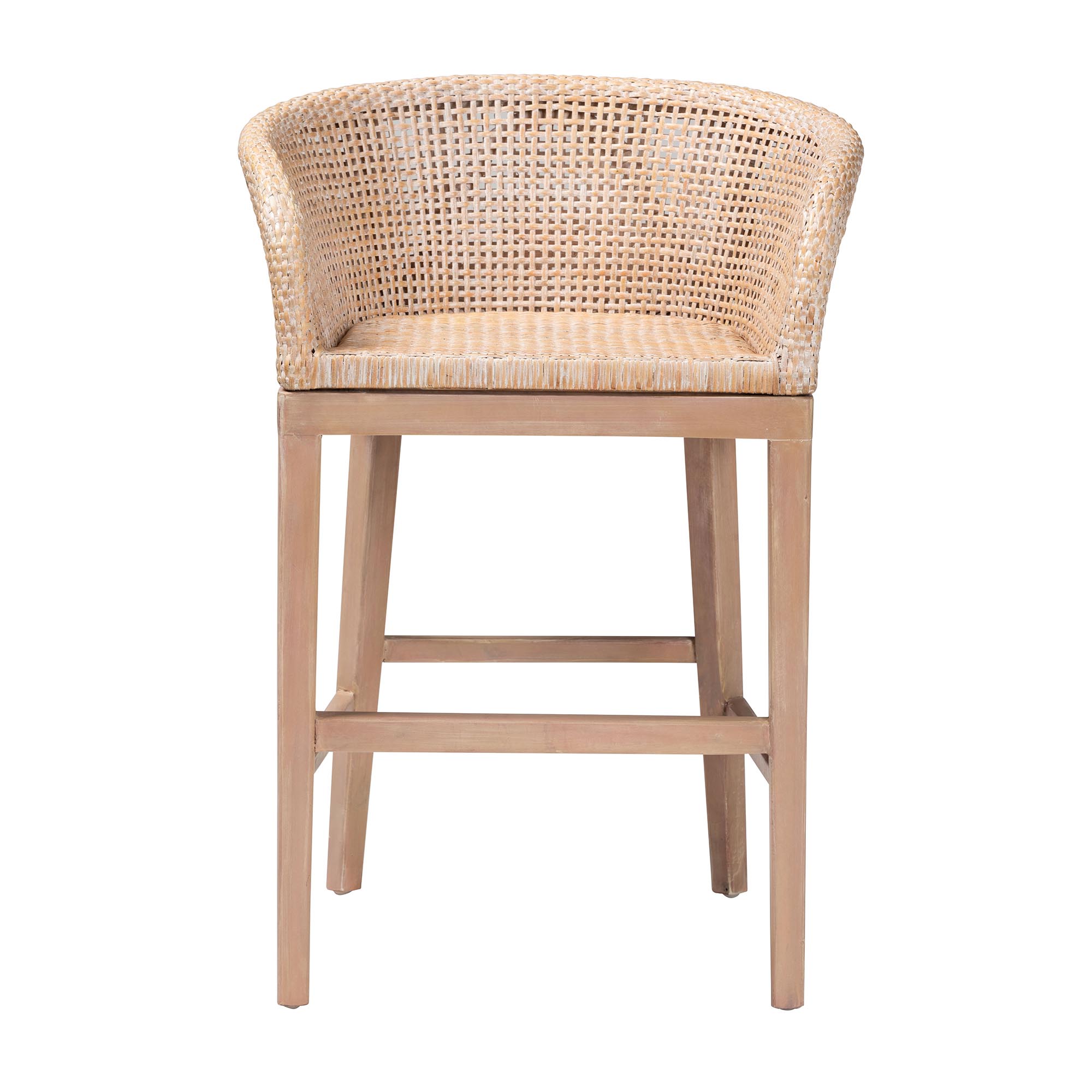 bali & pari Papua Modern Bohemian Antique White Washed Rattan and Mahogany Wood Counter Stool
