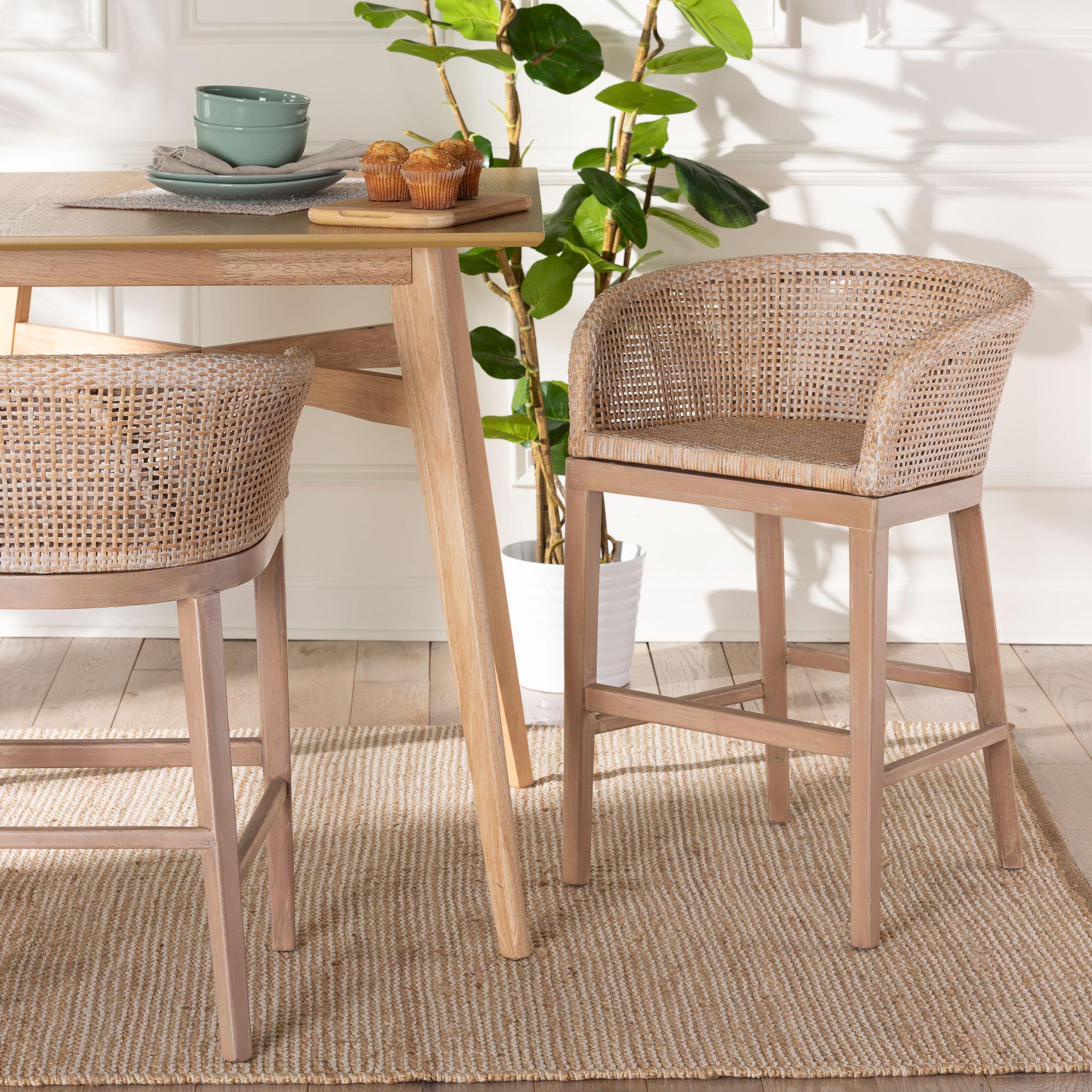 bali & pari Papua Modern Bohemian Antique White Washed Rattan and Mahogany Wood Counter Stool
