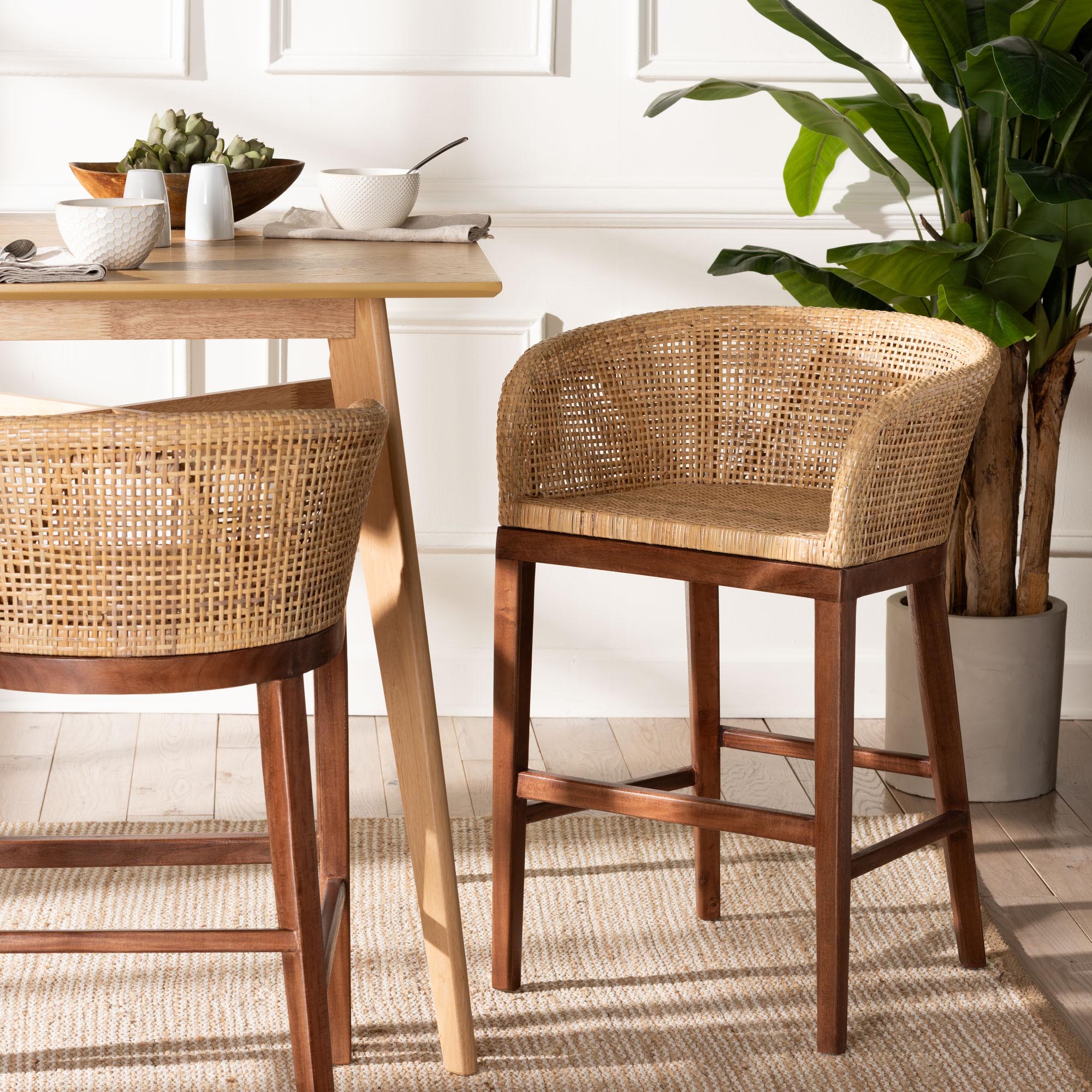 bali & pari Papua Modern Bohemian Natural Rattan and Walnut Brown Acacia Wood Counter Stool
