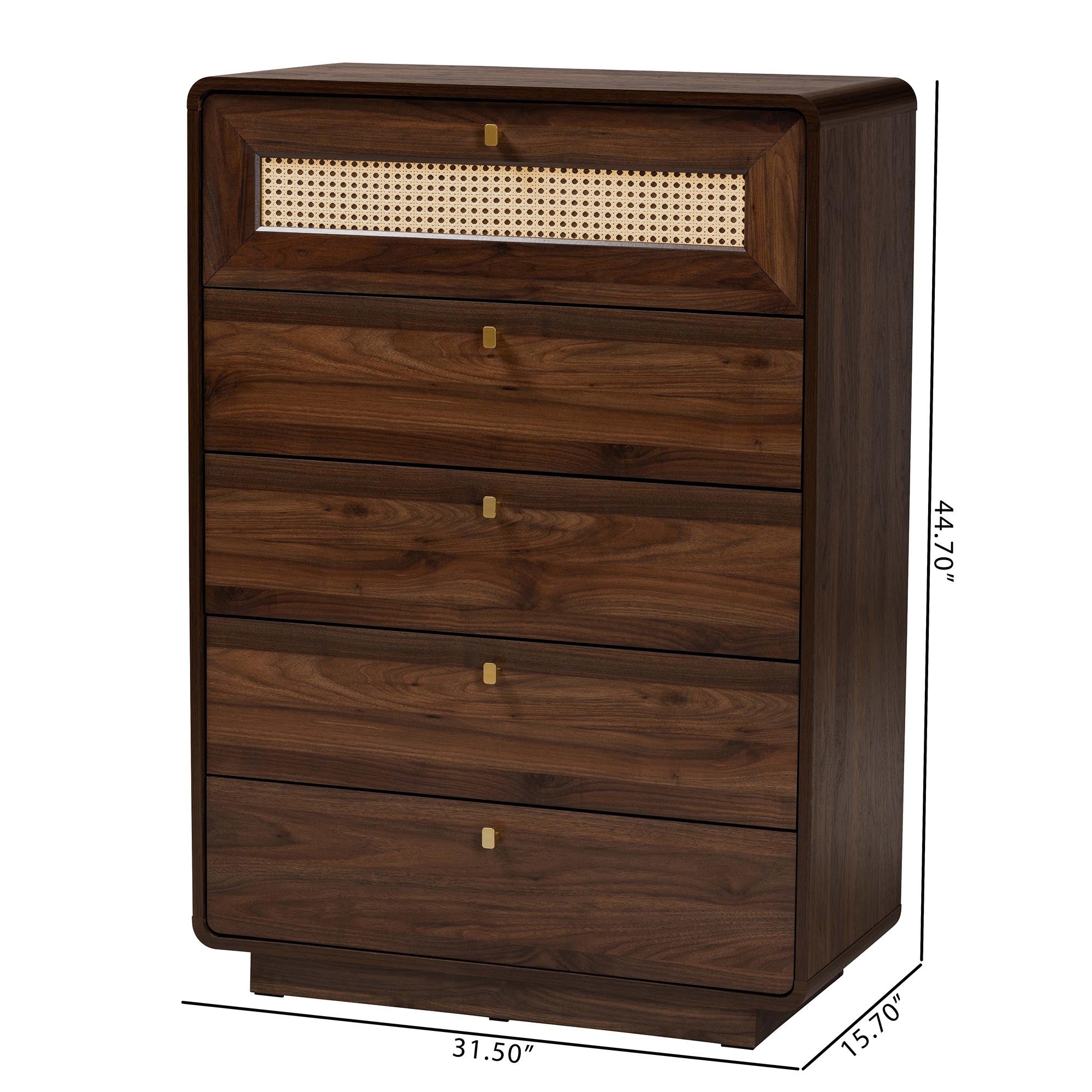 Baxton Studio Jenibelle Classic Walnut Brown Wood 5-Drawer Chest with Rattan Drawer
