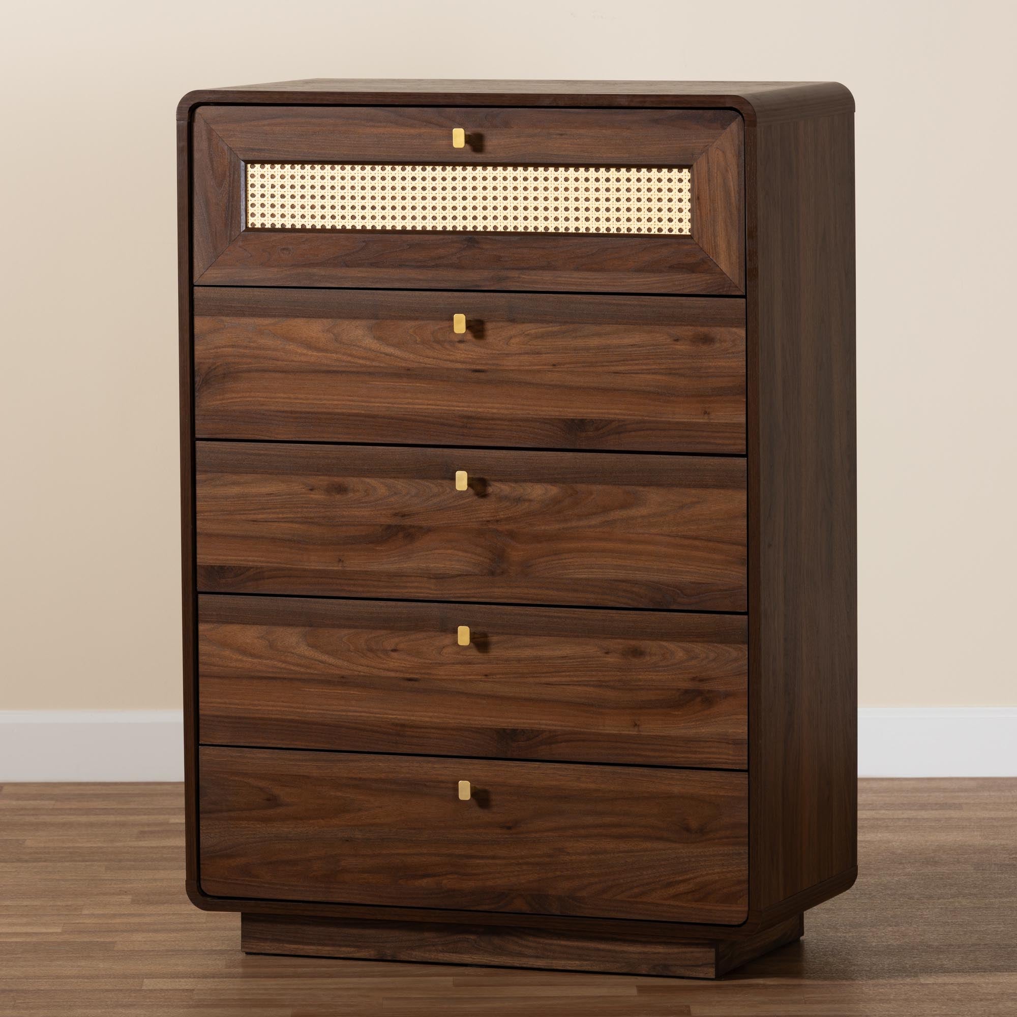 Baxton Studio Jenibelle Classic Walnut Brown Wood 5-Drawer Chest with Rattan Drawer