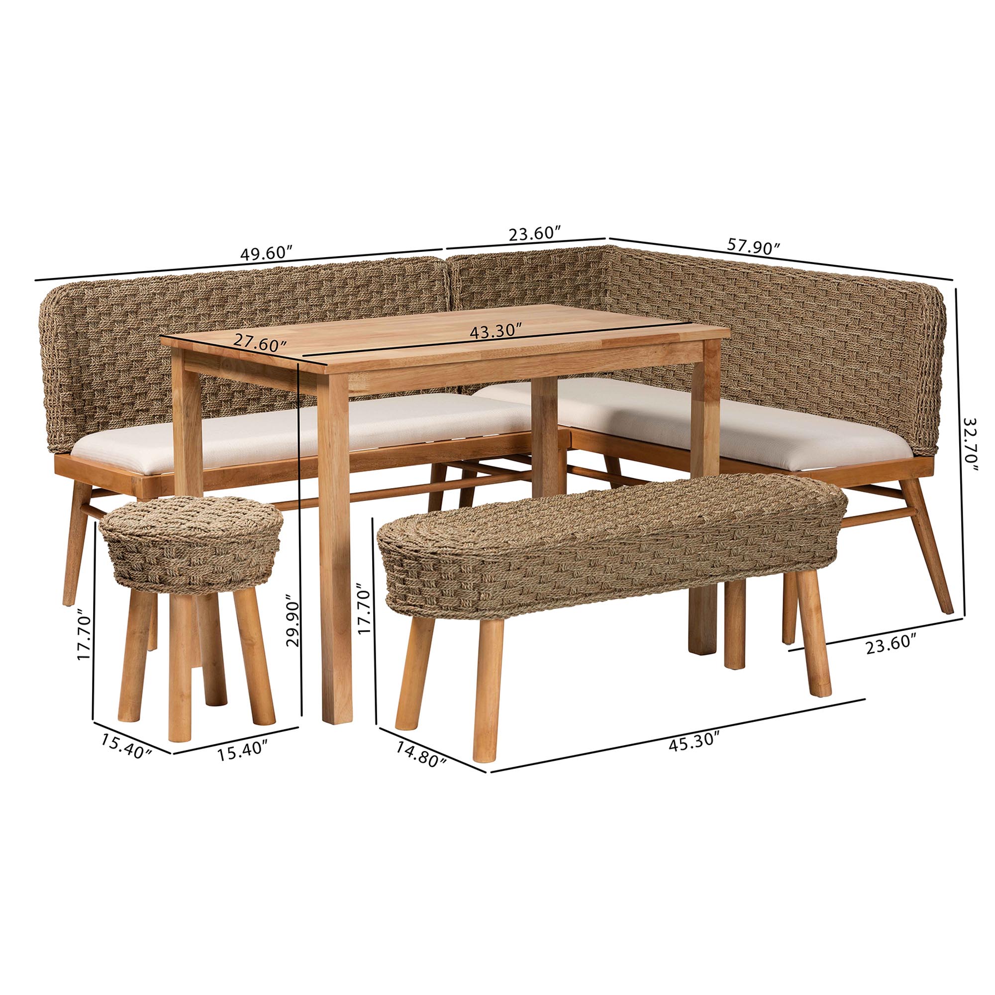 bali & pari Denver Modern Bohemian Natural Seagrass and Acacia Wood 5-Piece Dining Nook Set