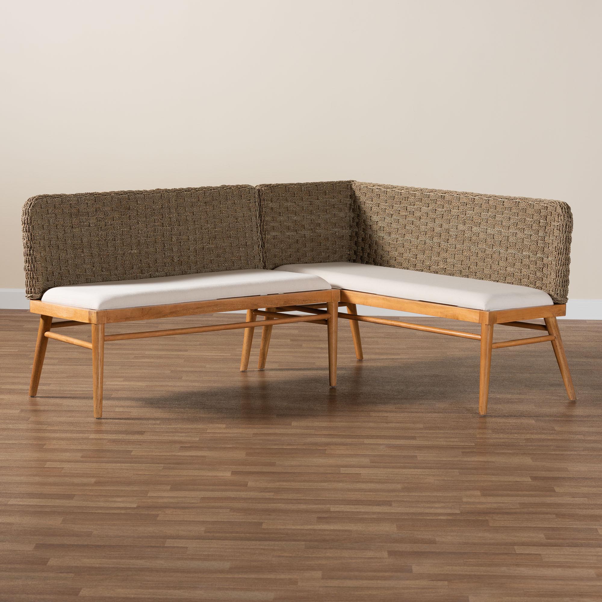 bali & pari Denver Modern Bohemian Natural Seagrass and Acacia Wood 2-Piece Dining Nook Banquette Set