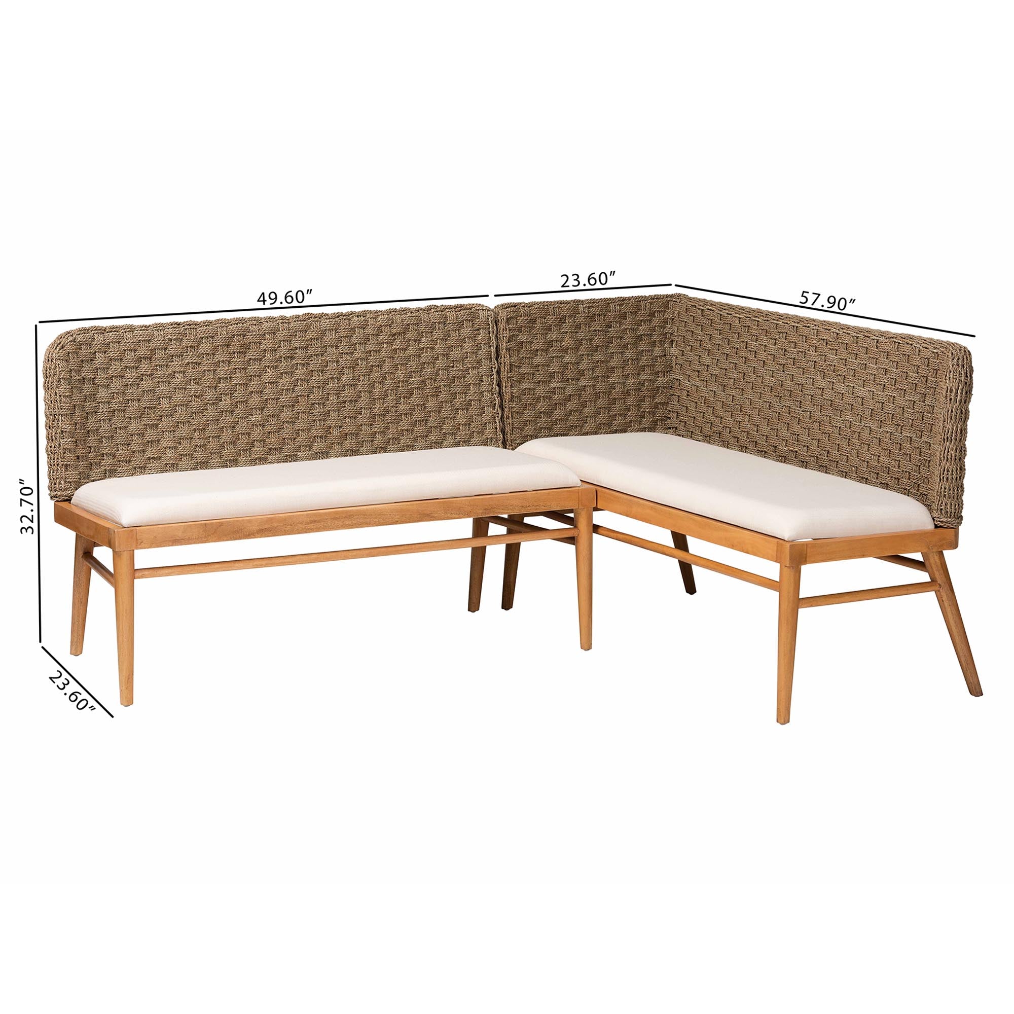 bali & pari Denver Modern Bohemian Natural Seagrass and Acacia Wood 2-Piece Dining Nook Banquette Set